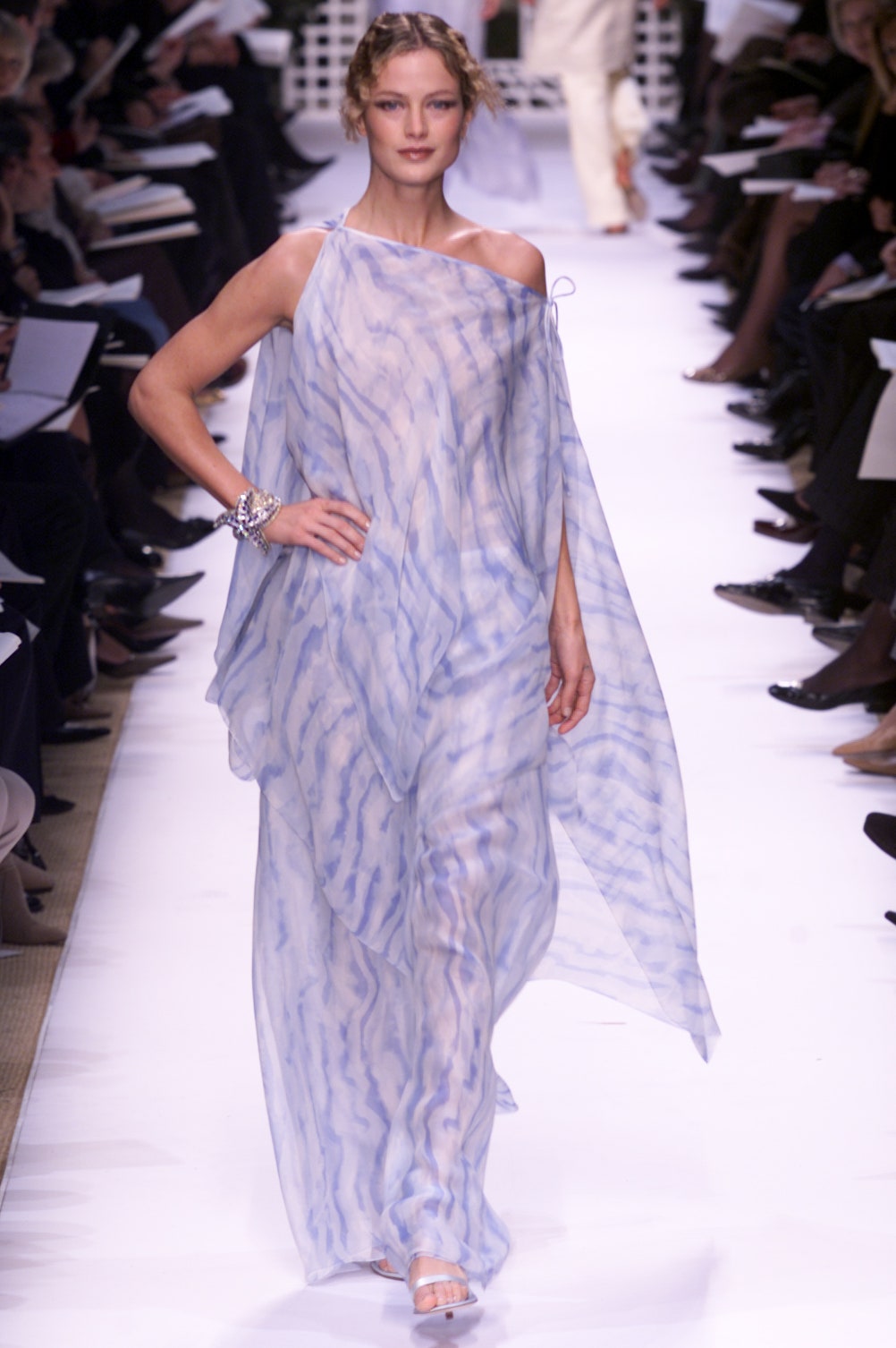 blue and white flowing dress
