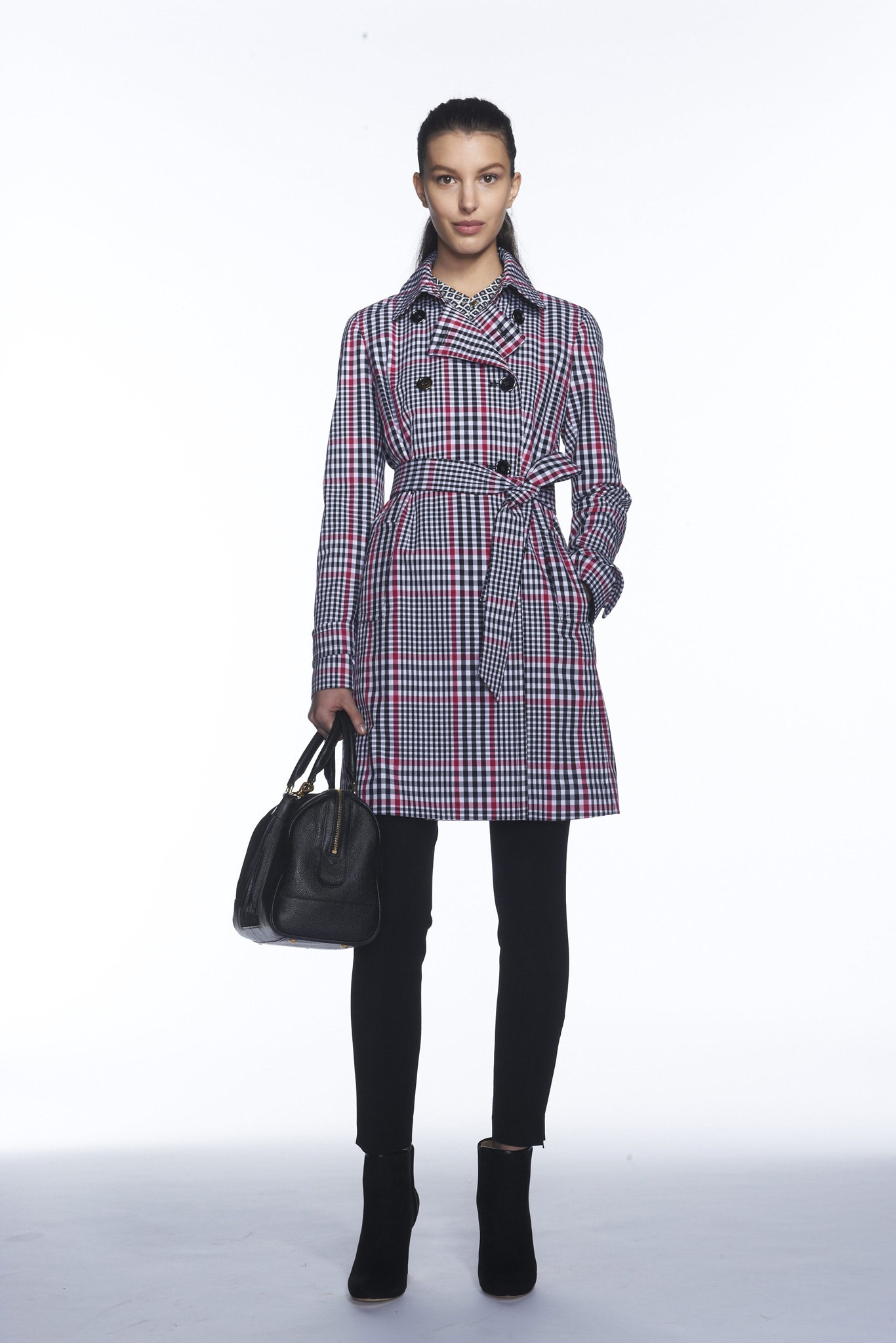 checked trench coat with black pants