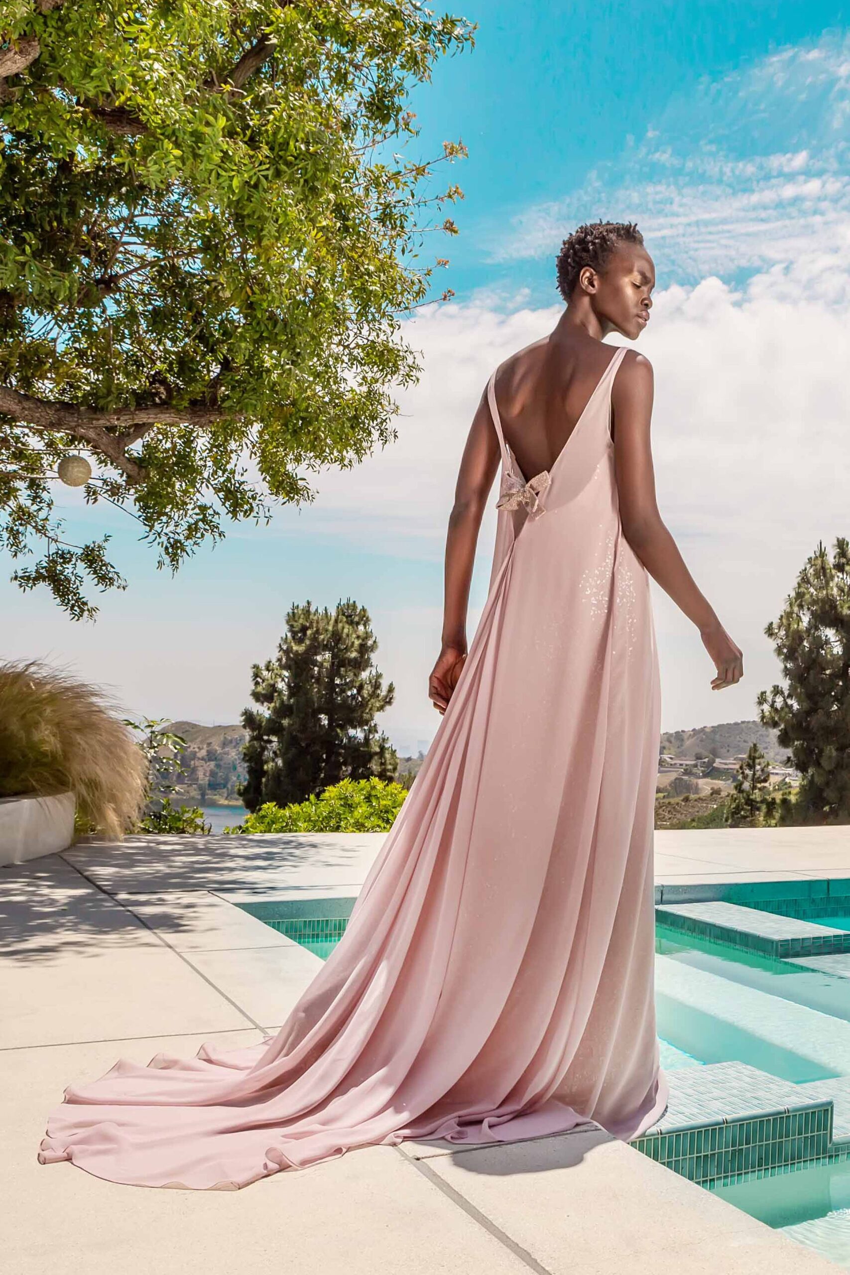 pink silk sleeveless gown