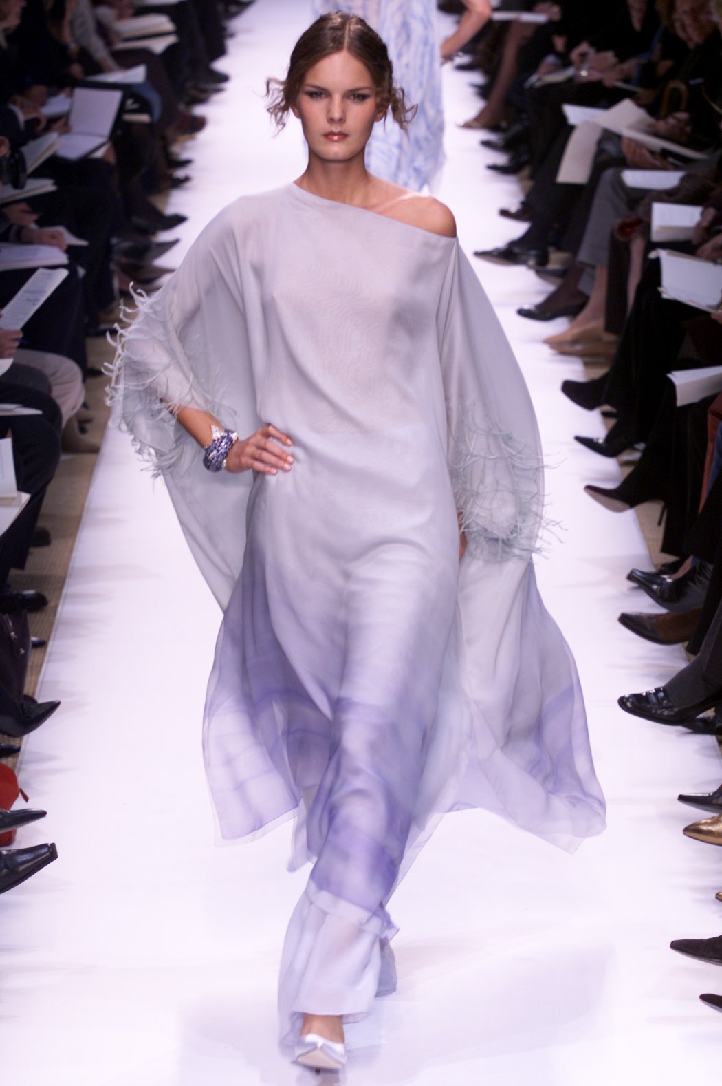 white silk off-shoulder gown