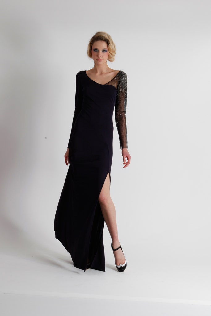 black silk fitted gown