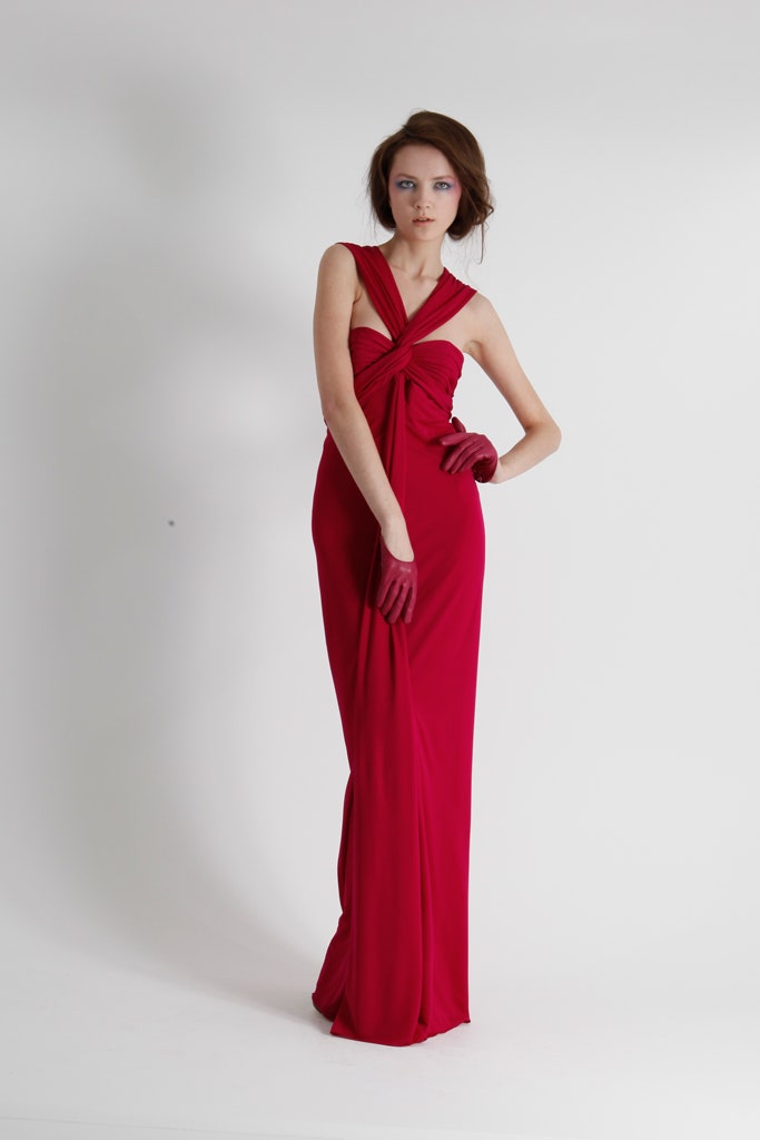 red silk fitted gown with gloves