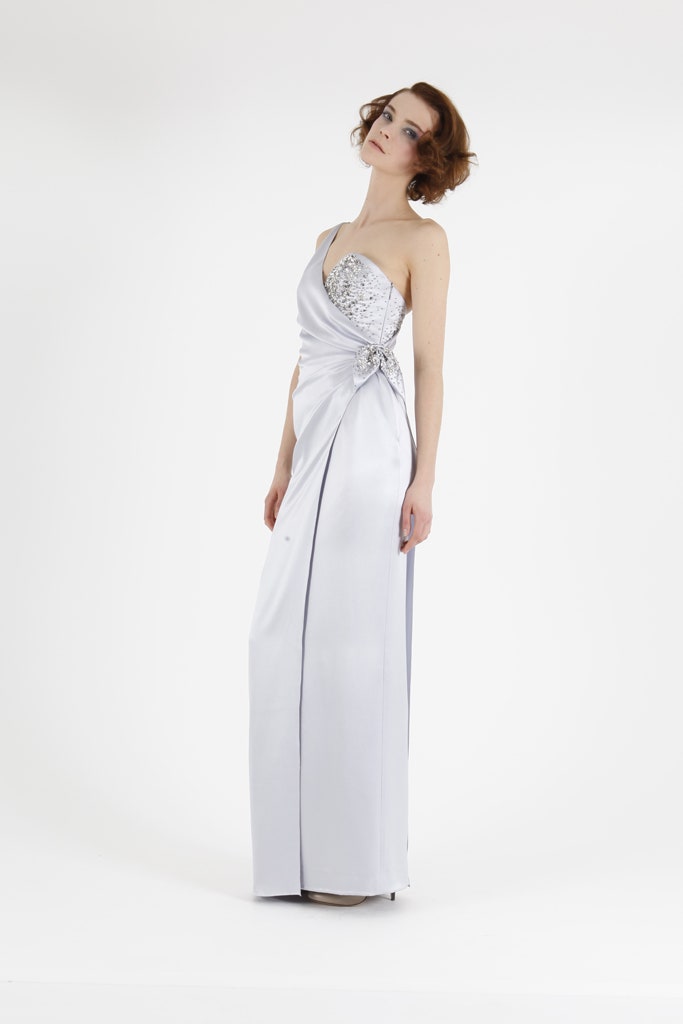 fitted silver satin gown