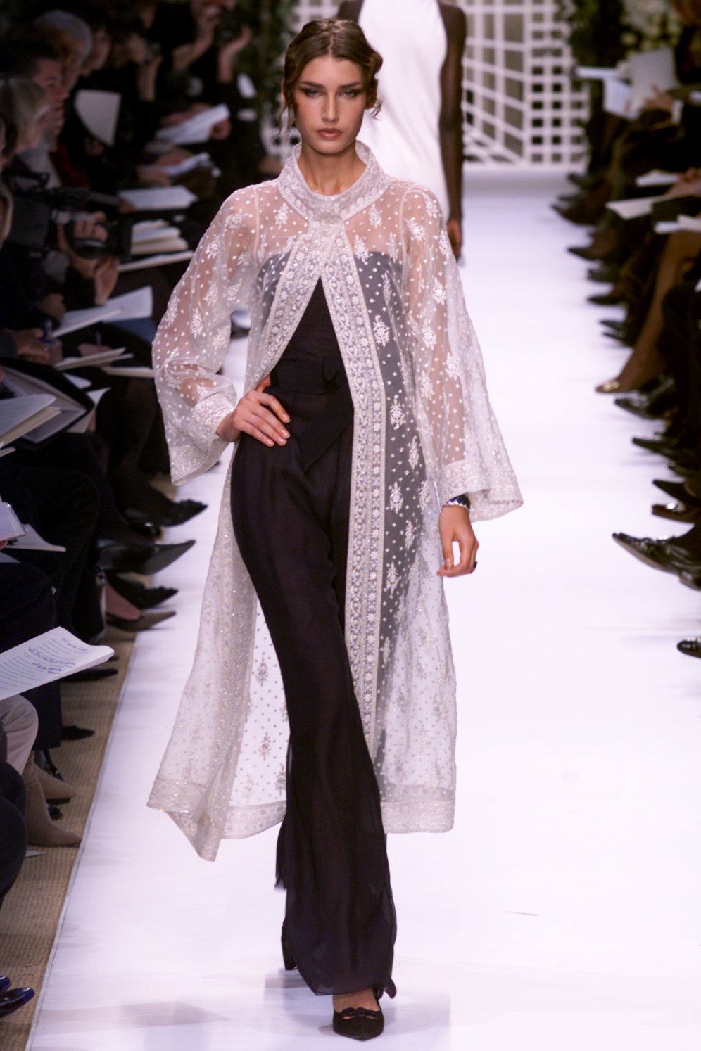 white lace long-sleeve collared relaxed embroidered sheer coat