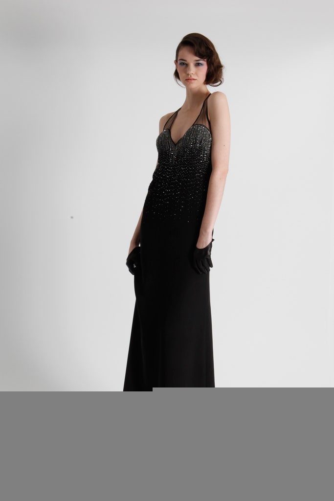 black beaded gown with gloves