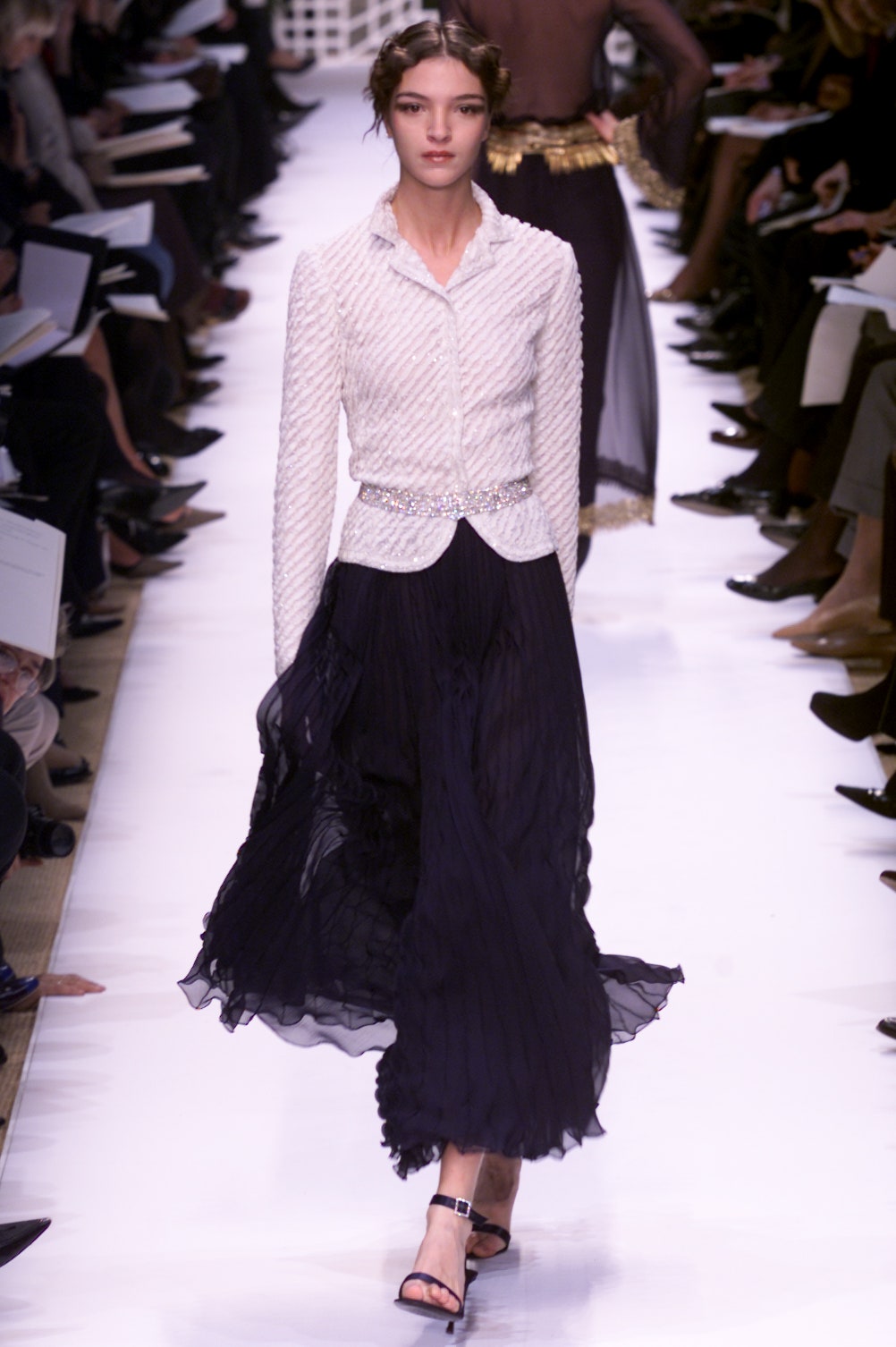 white silk blouse black tiered skirt