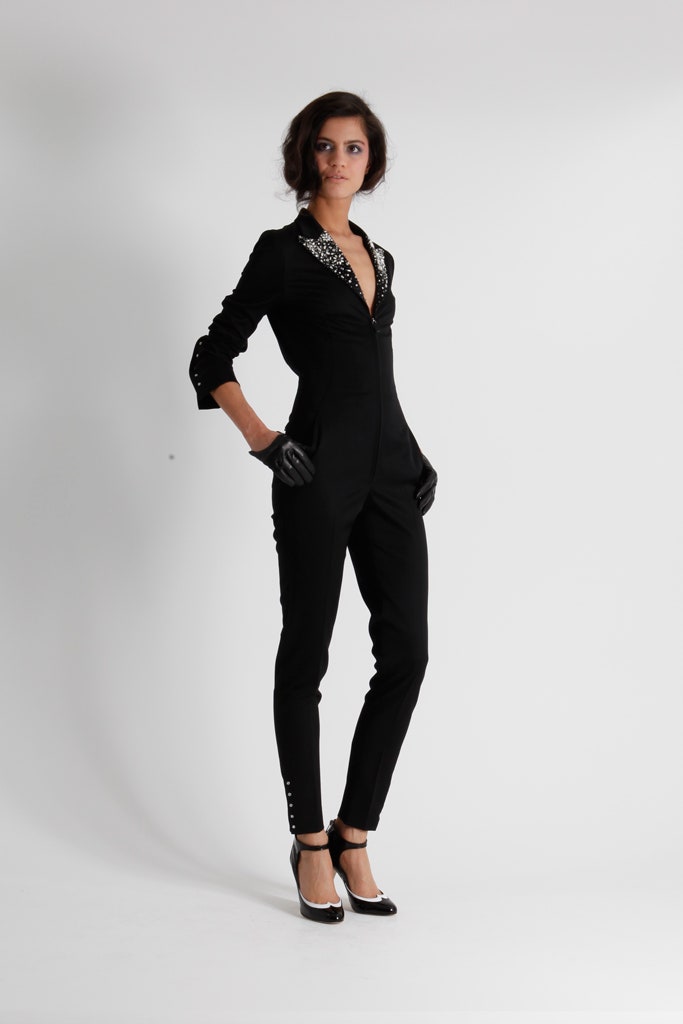 black fitted jumpsuit with embellishments