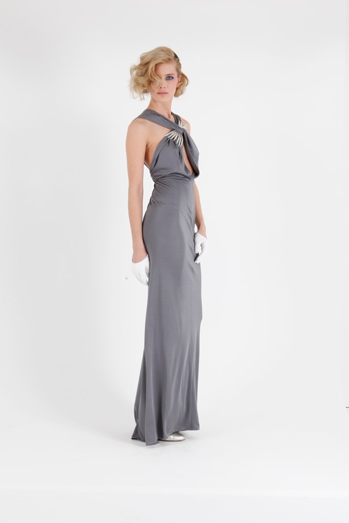 gray silk fitted gown with gloves
