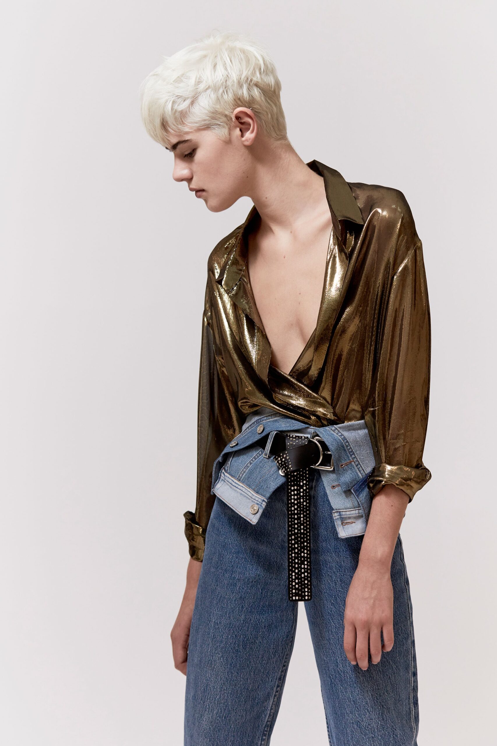 gold silk relaxed shirt with blue jeans