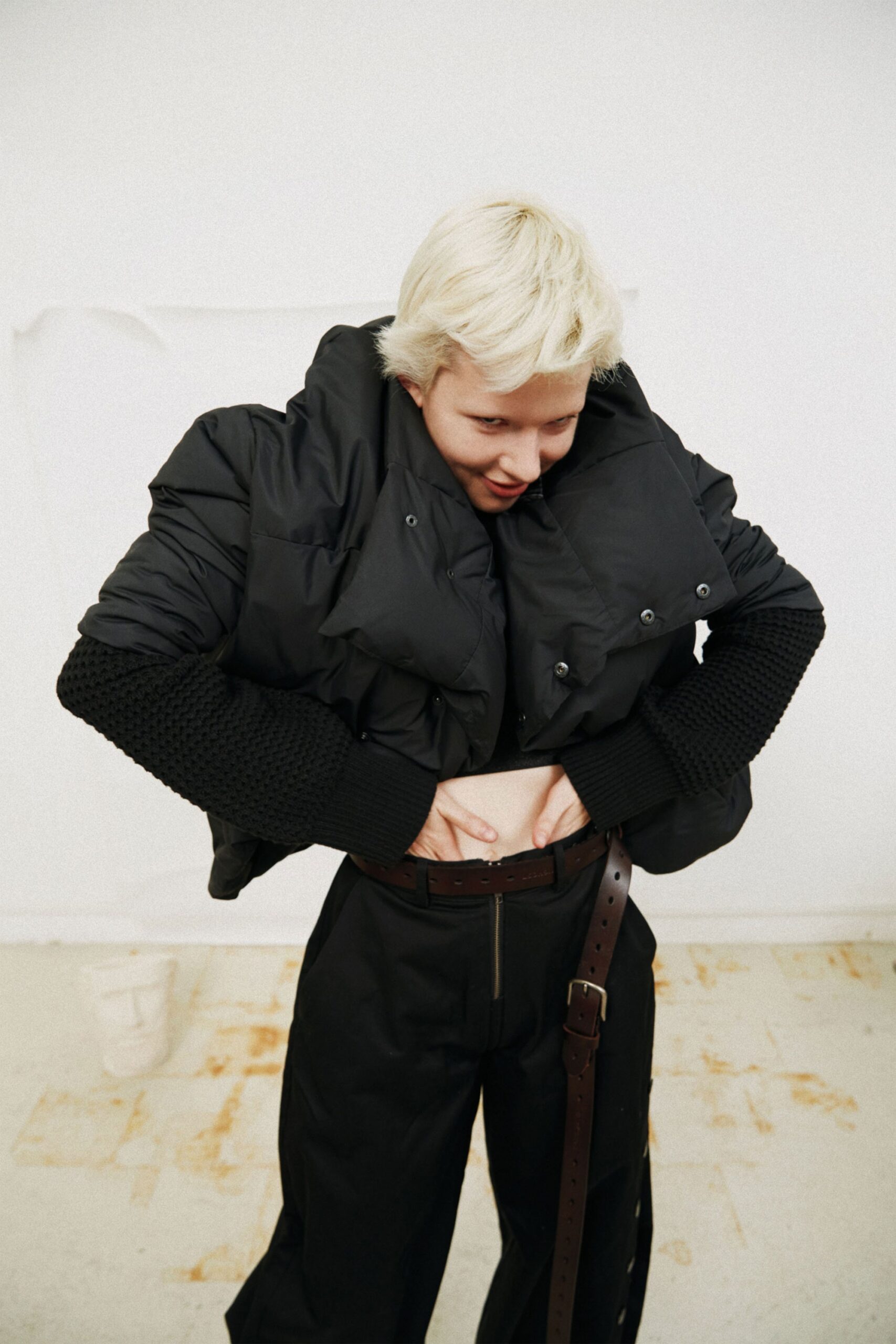 black relaxed jacket with fitted pants