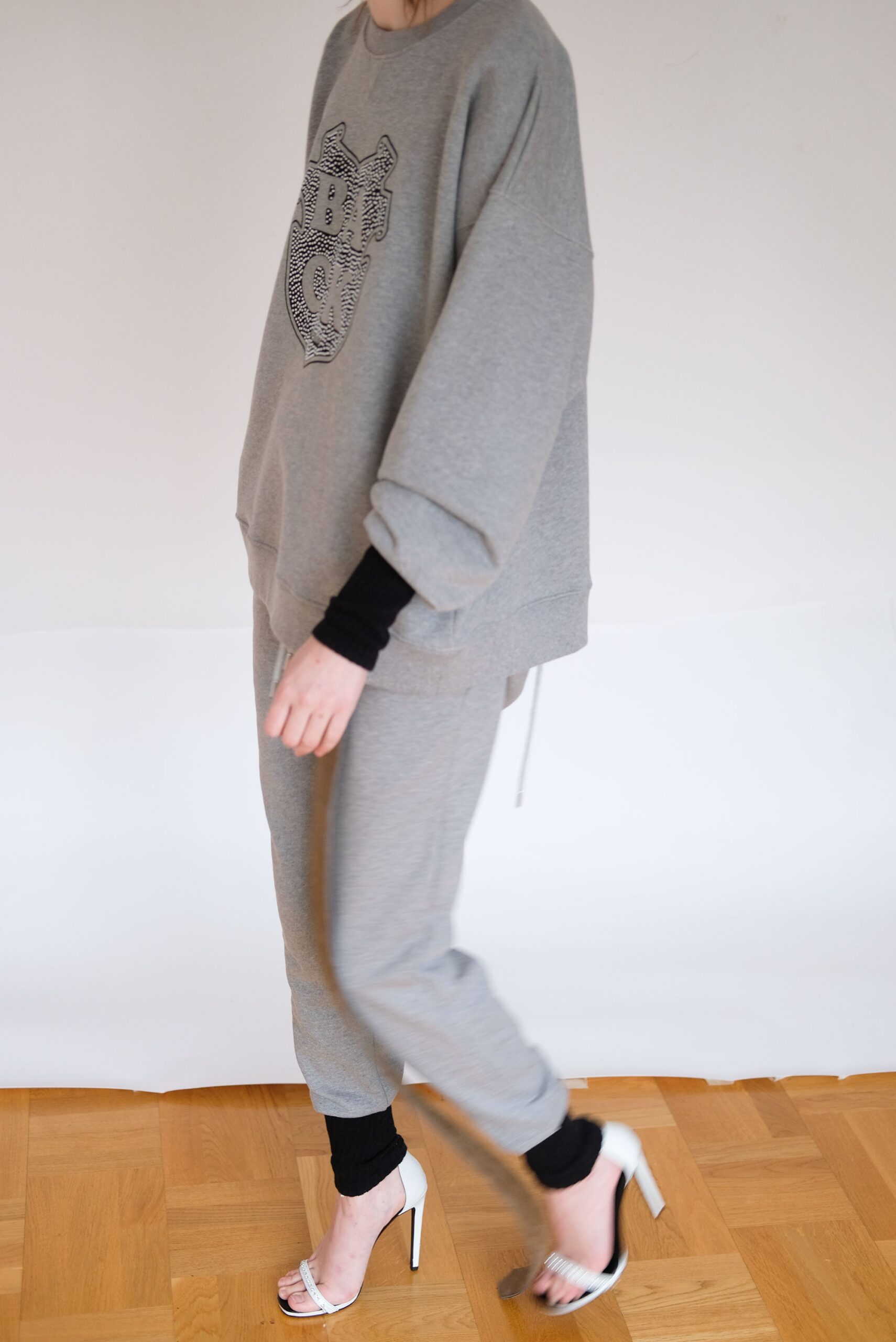 gray cotton long-sleeve collared oversized printed sweater