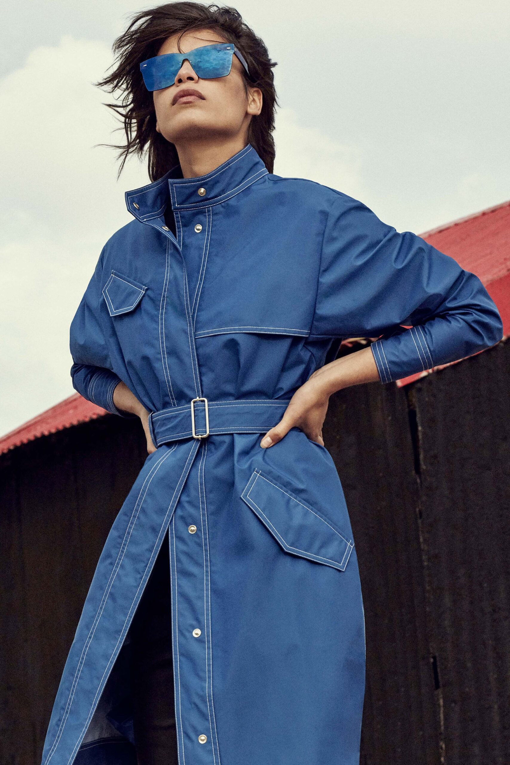 blue belted high-neck coat