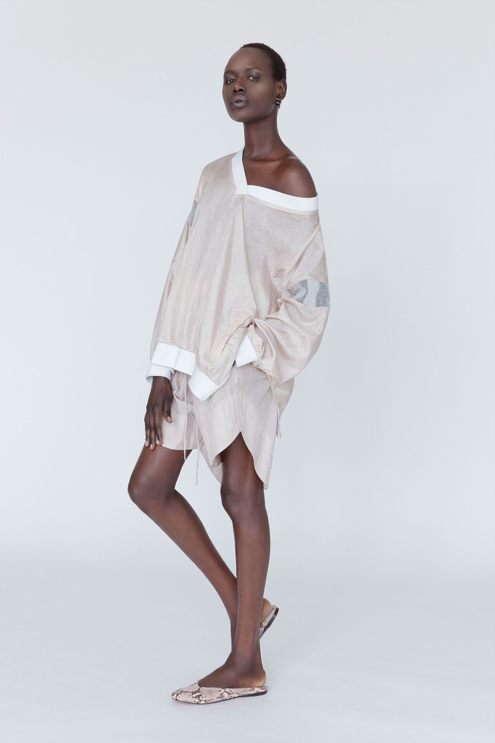 beige off-shoulder relaxed dress