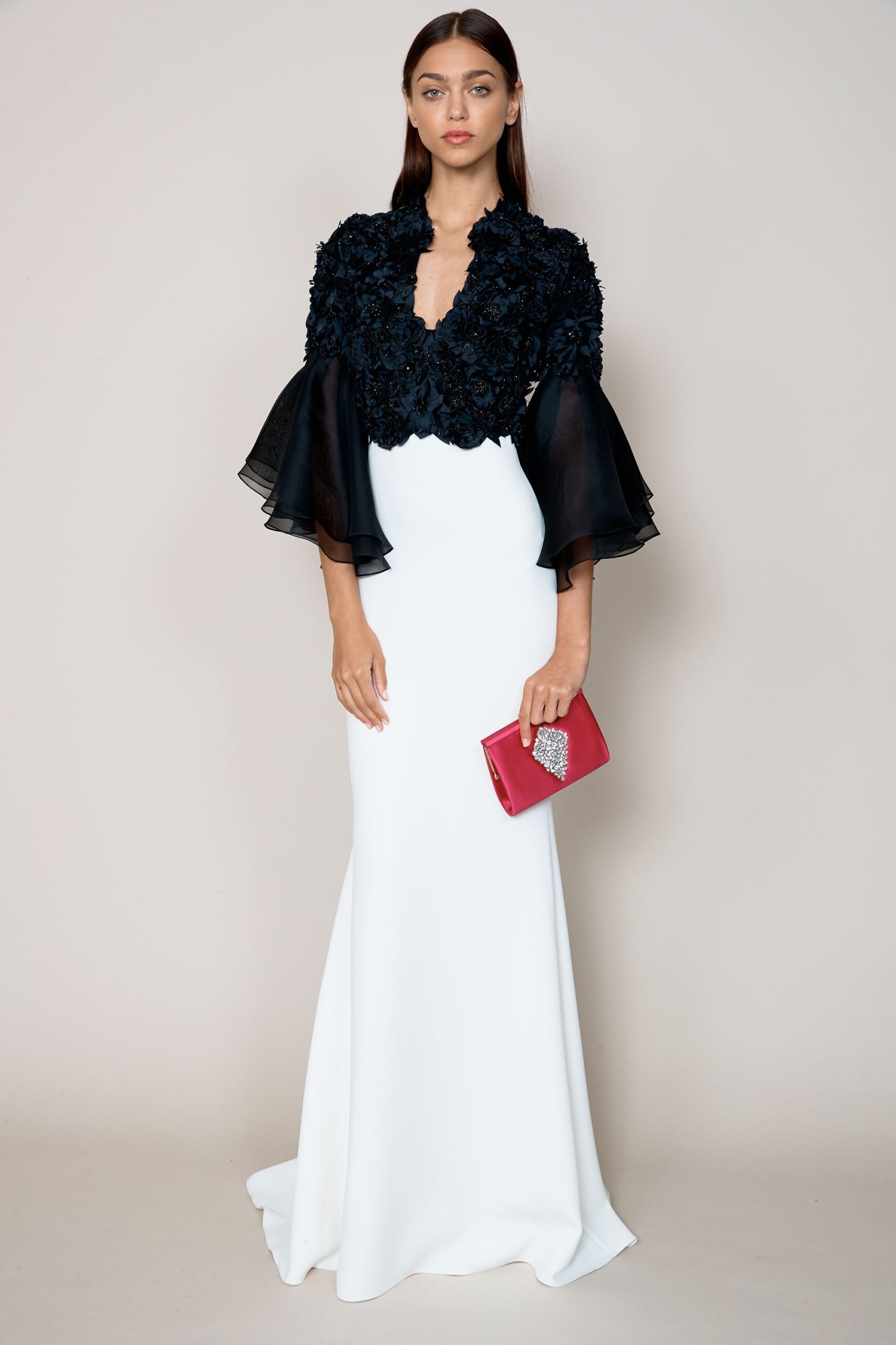 white silk fitted gown with black blouse
