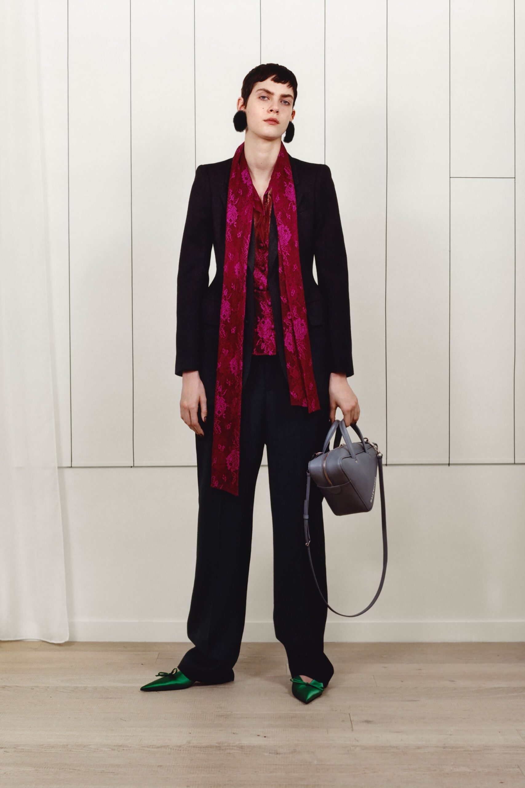 black tailored blazer with purple scarf