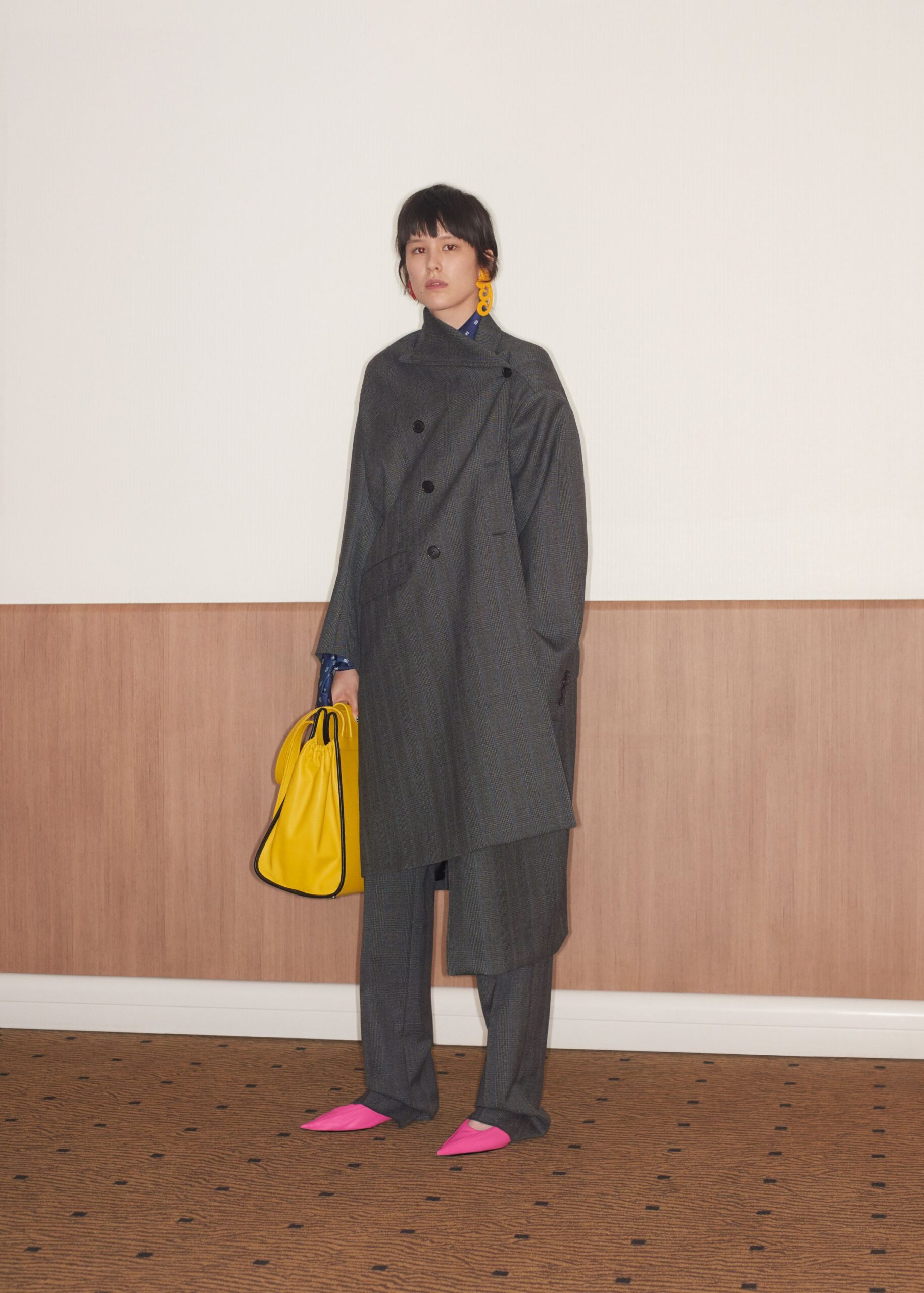 gray wool long-sleeve double-breasted relaxed layered coat