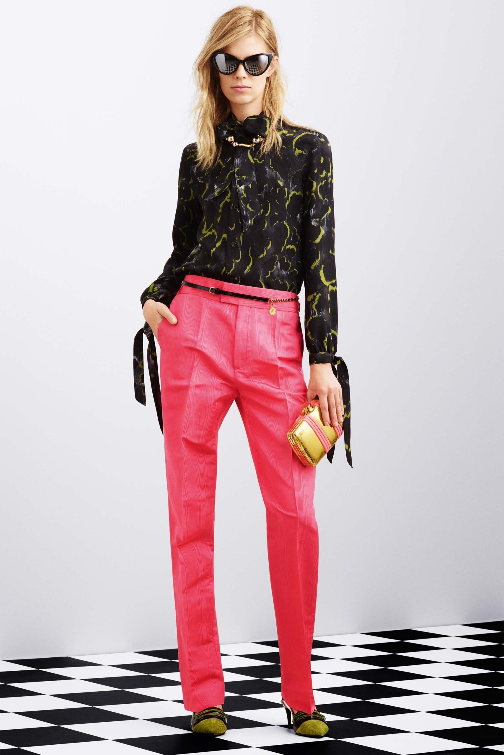 black silk blouse with pink pants