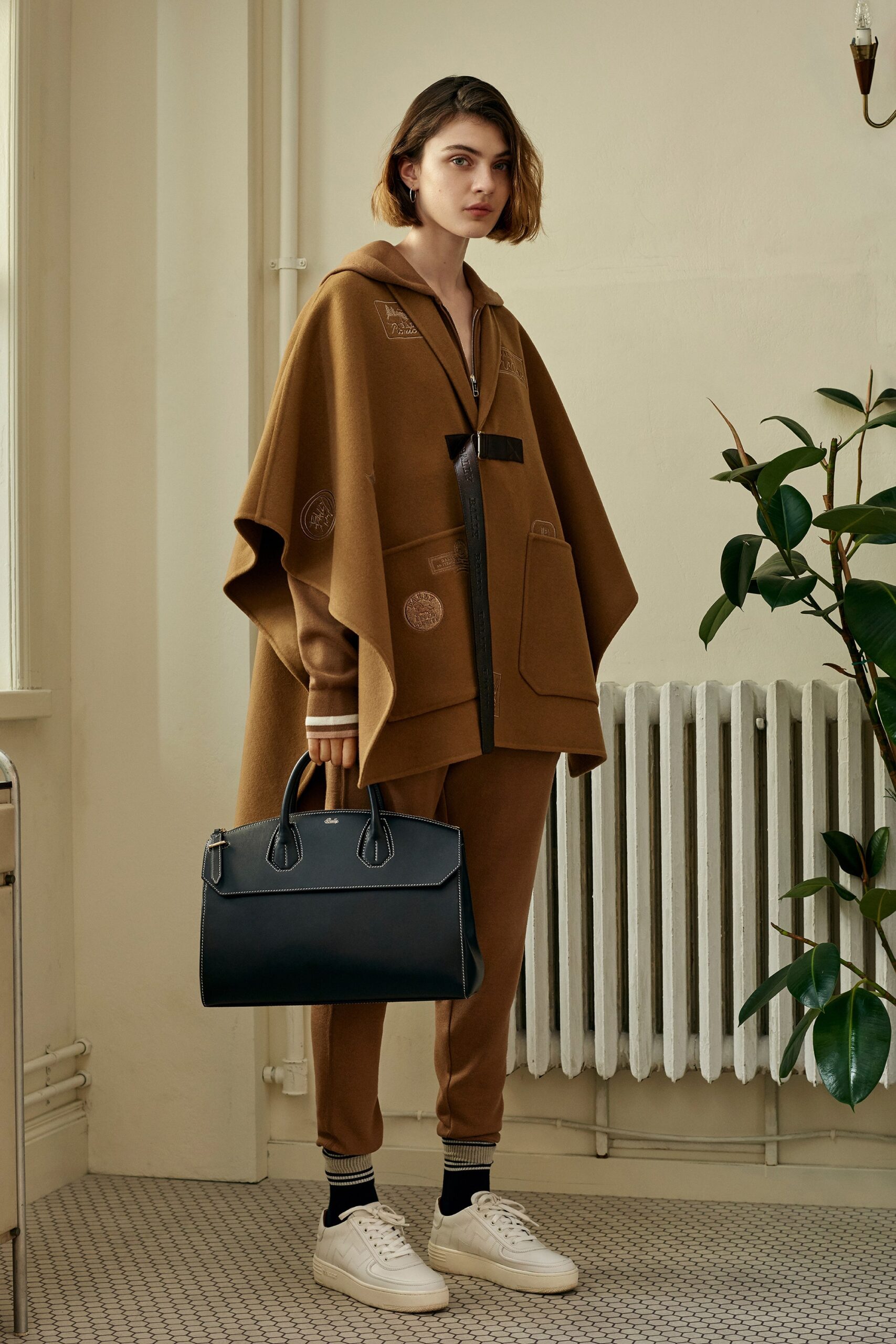 brown cotton long-sleeve hooded relaxed zippered poncho