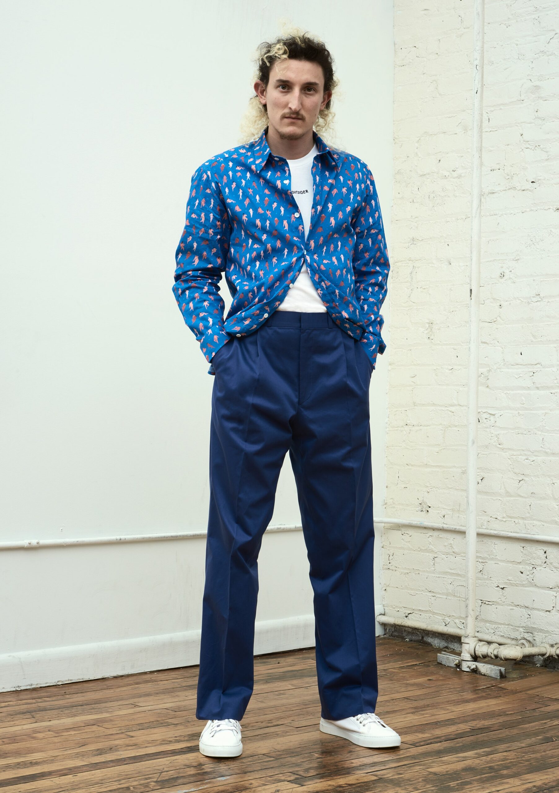 blue printed shirt with navy pants