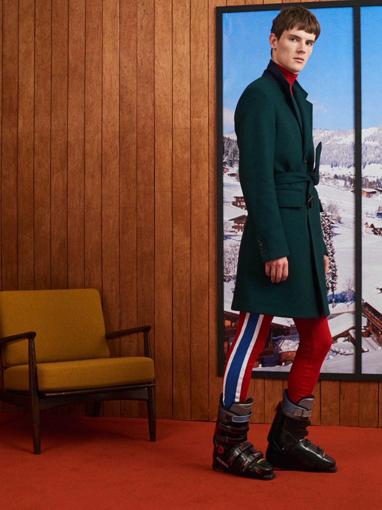 green wool coat with red pants