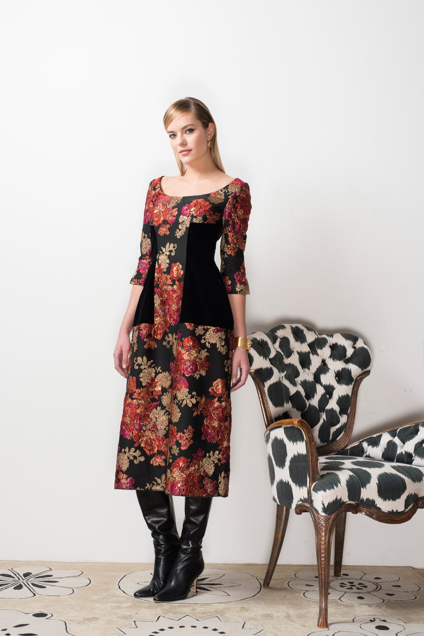 floral black midi dress with boots