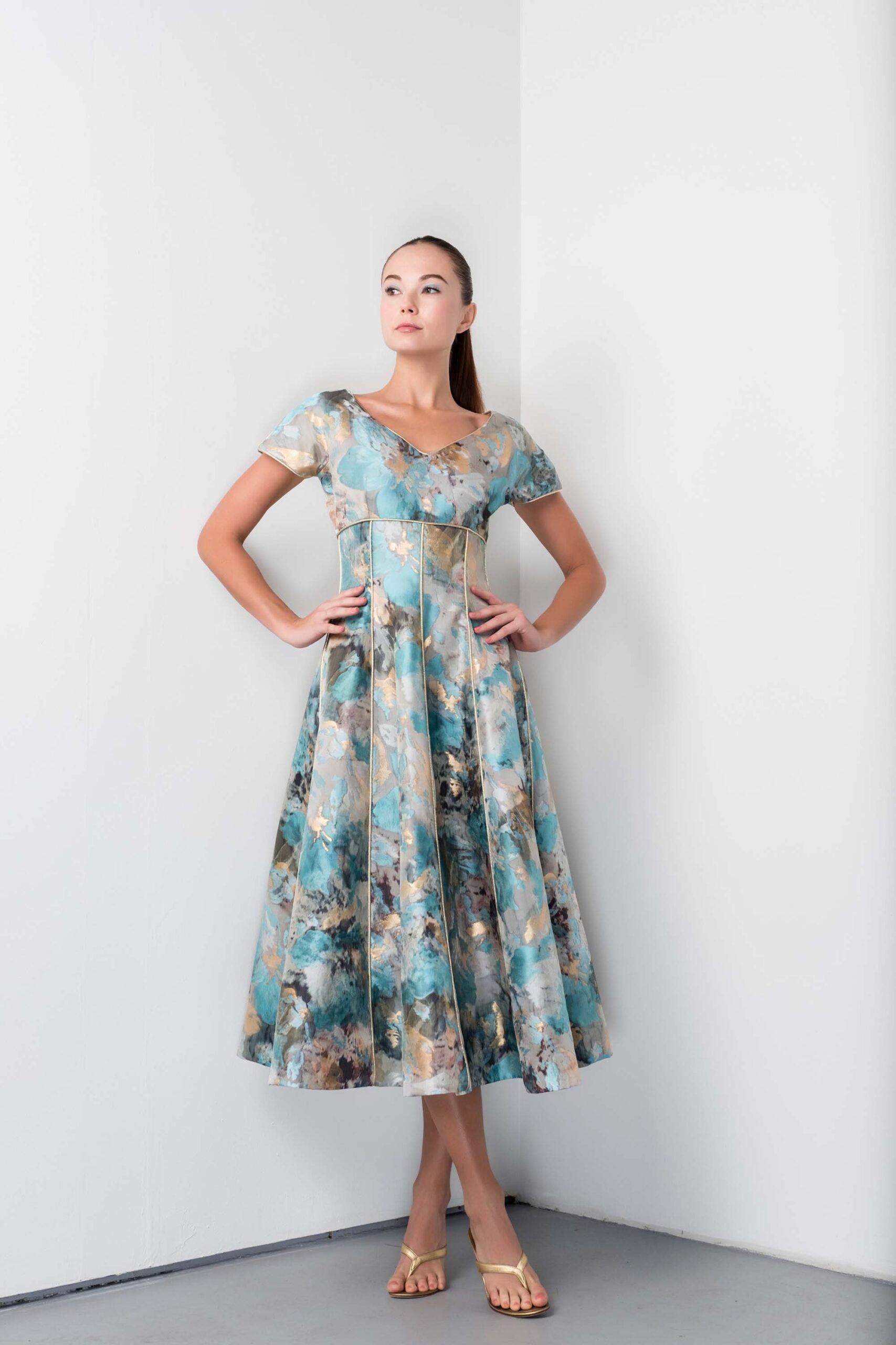 blue and gold silk midi dress