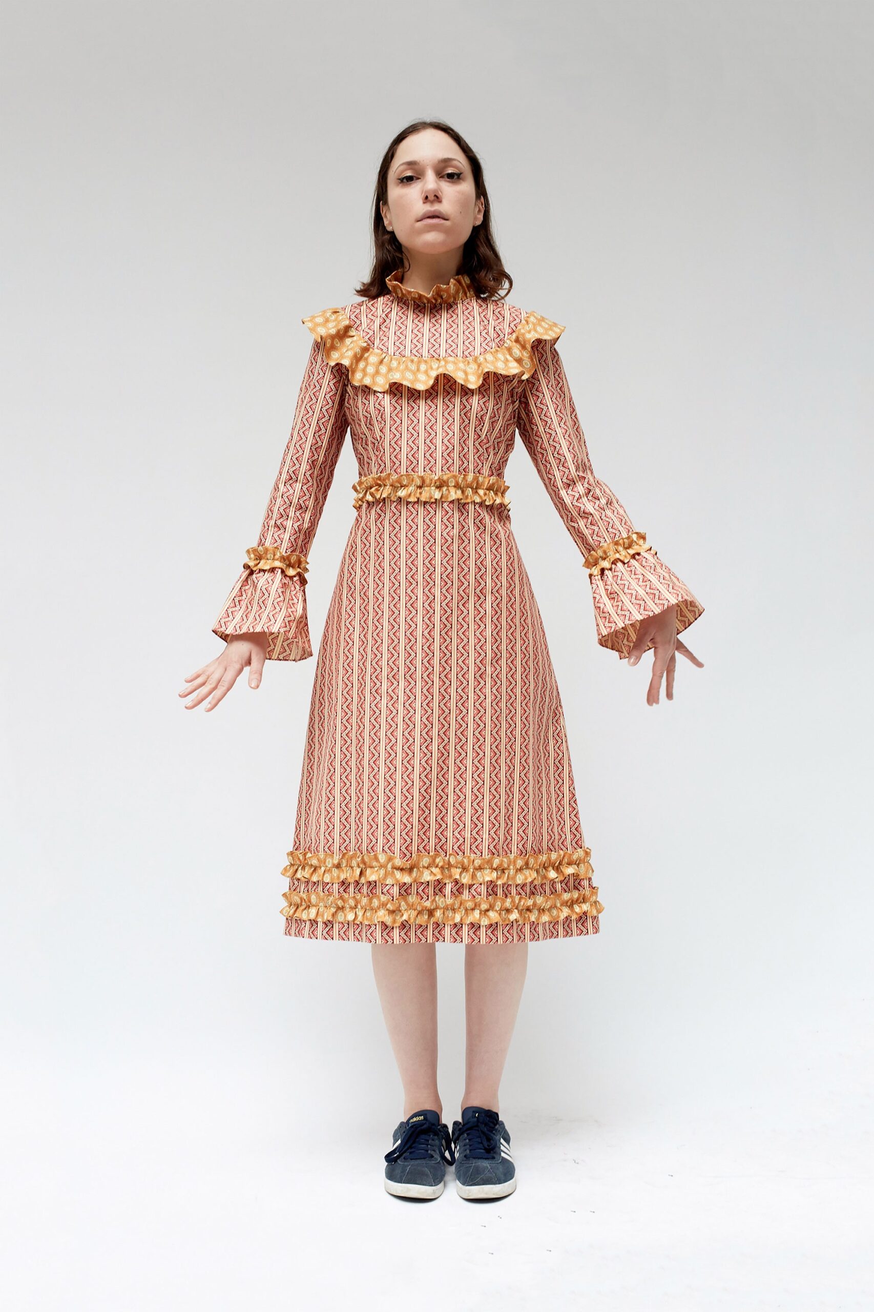 red and yellow ruffled midi dress
