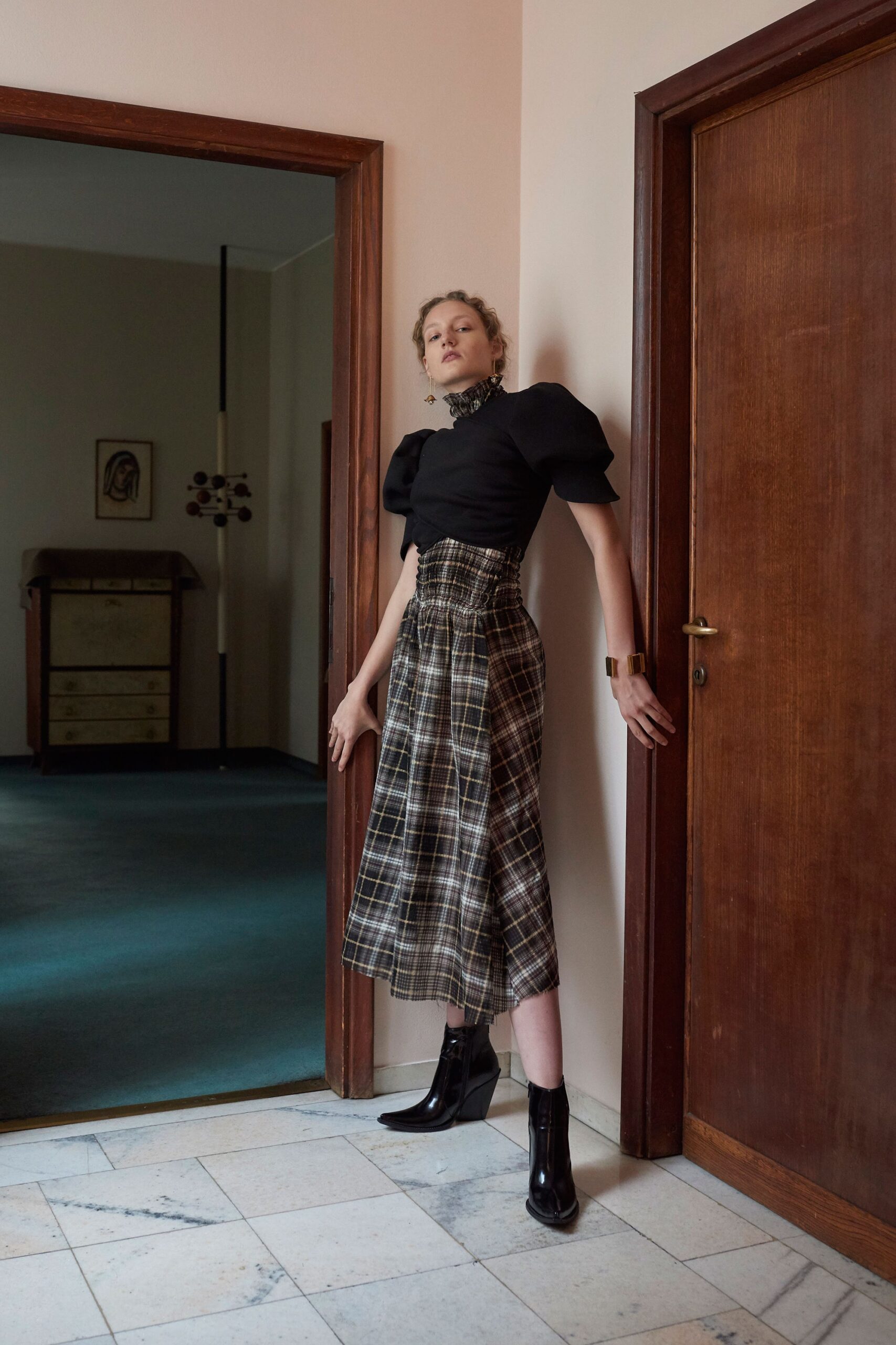 checked high-waisted midi skirt