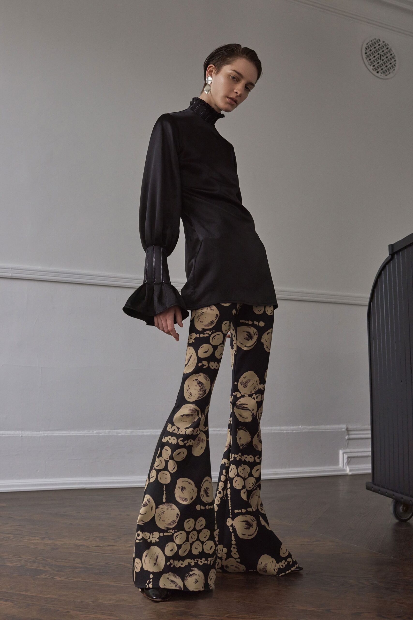 black satin long-sleeve high-neck fitted ruffled shiny blouse