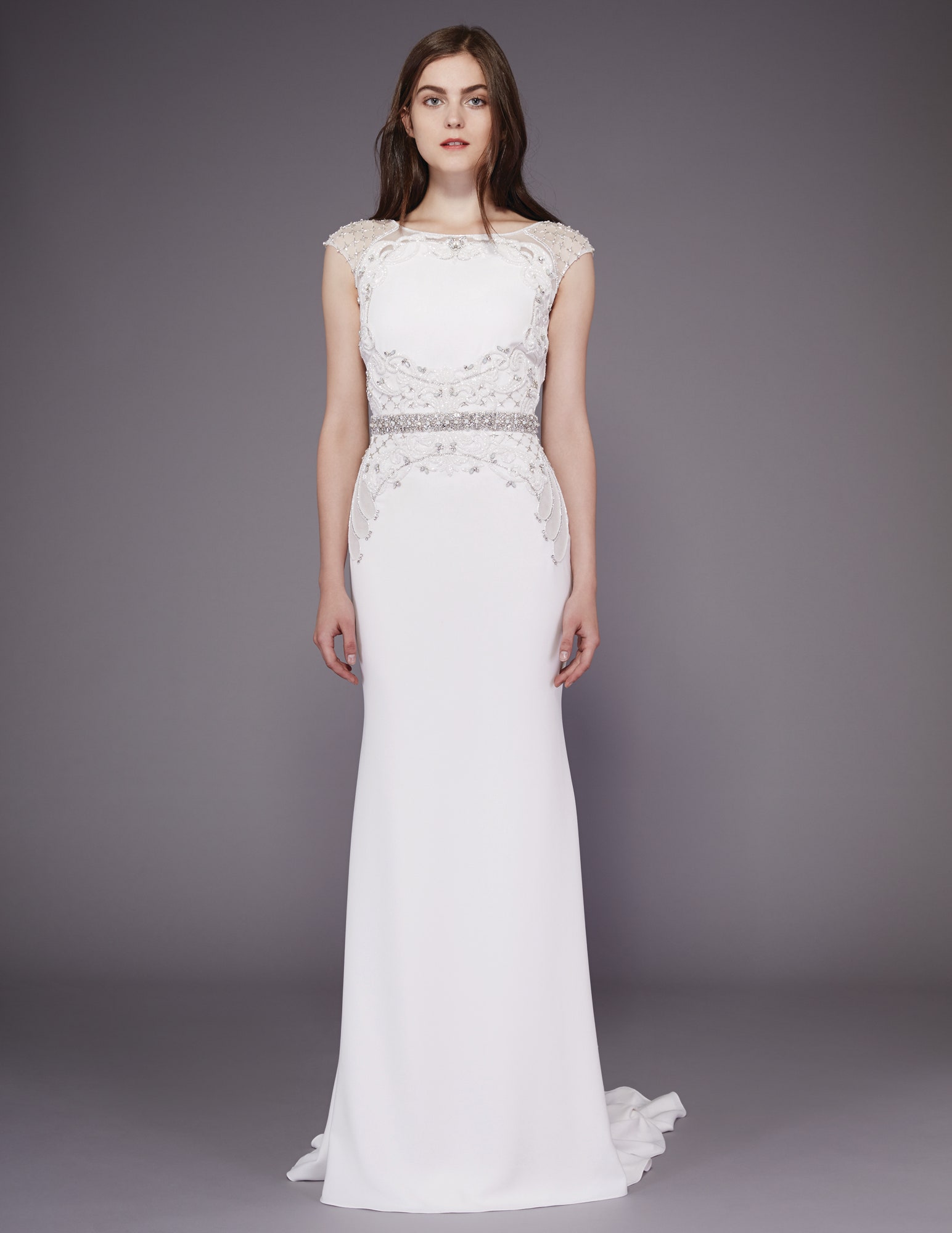 white fitted embroidered gown