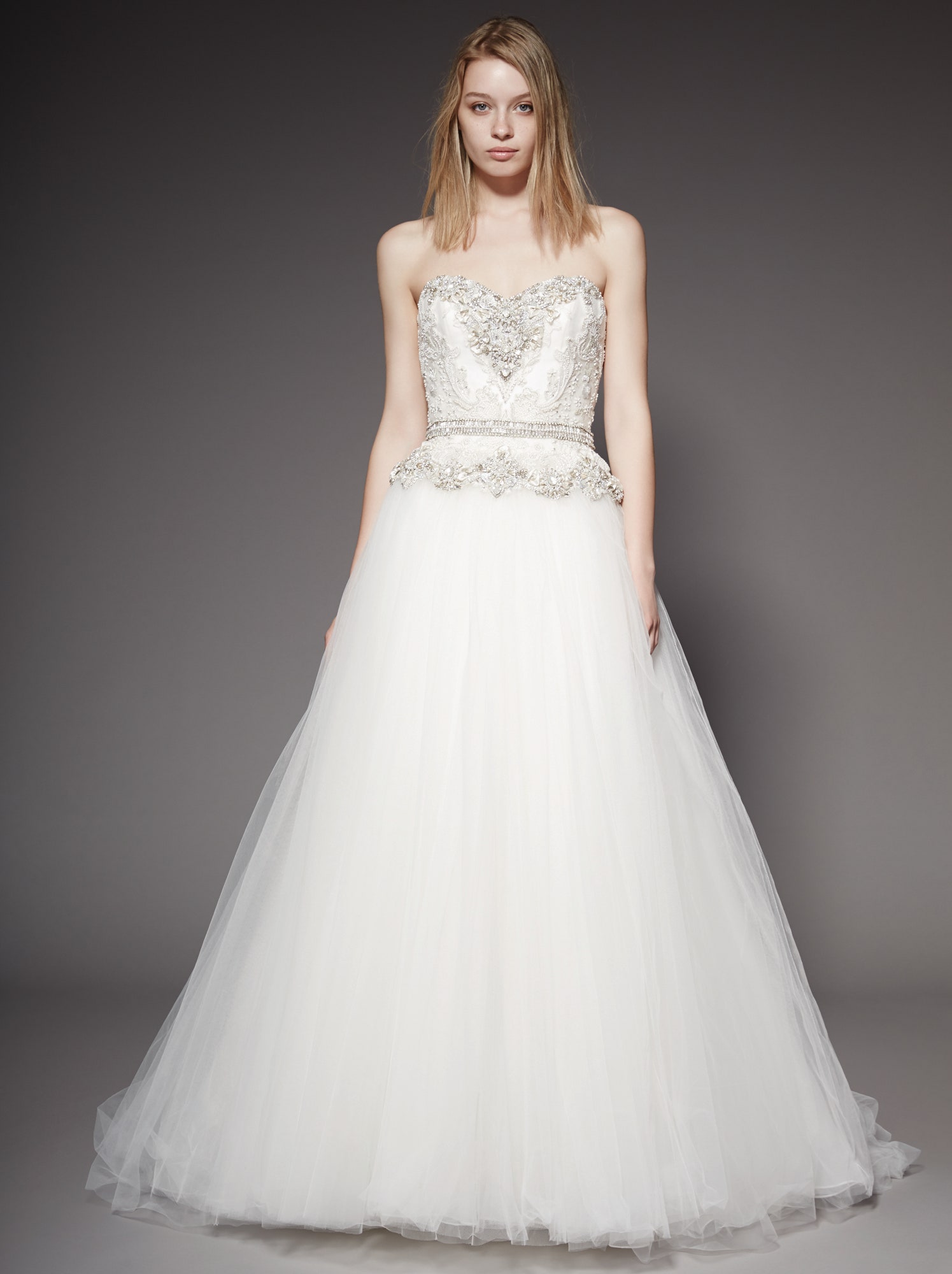 white strapless embellished gown