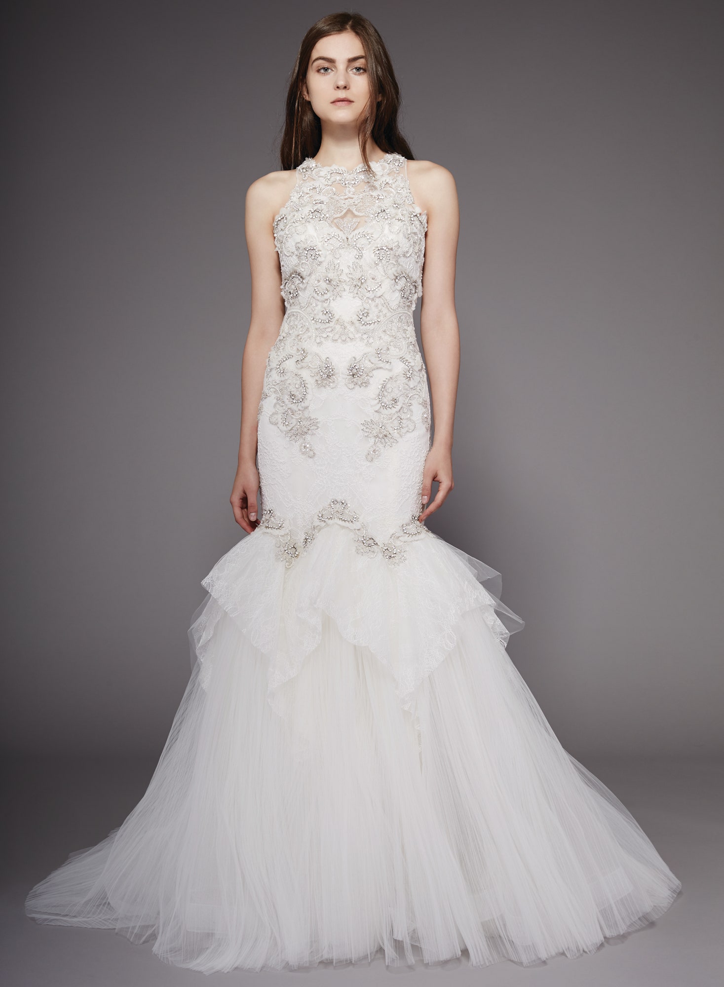 white embellished tiered gown