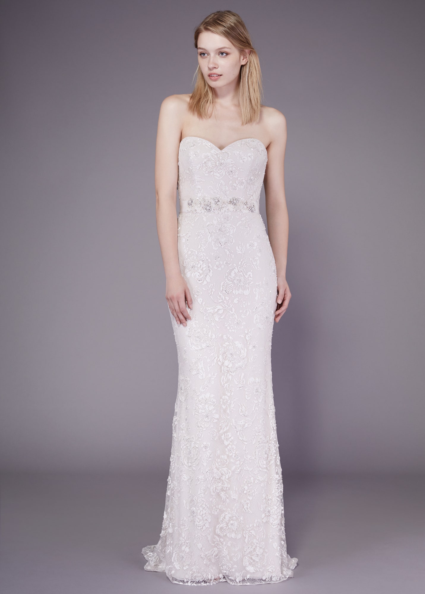 white lace strapless gown