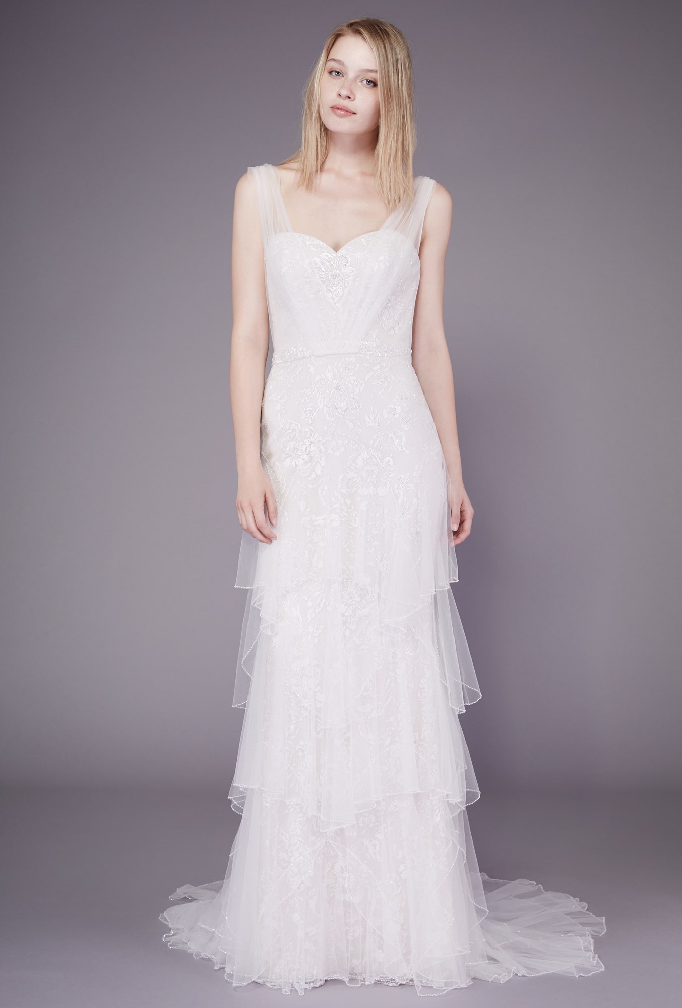 white lace tiered gown