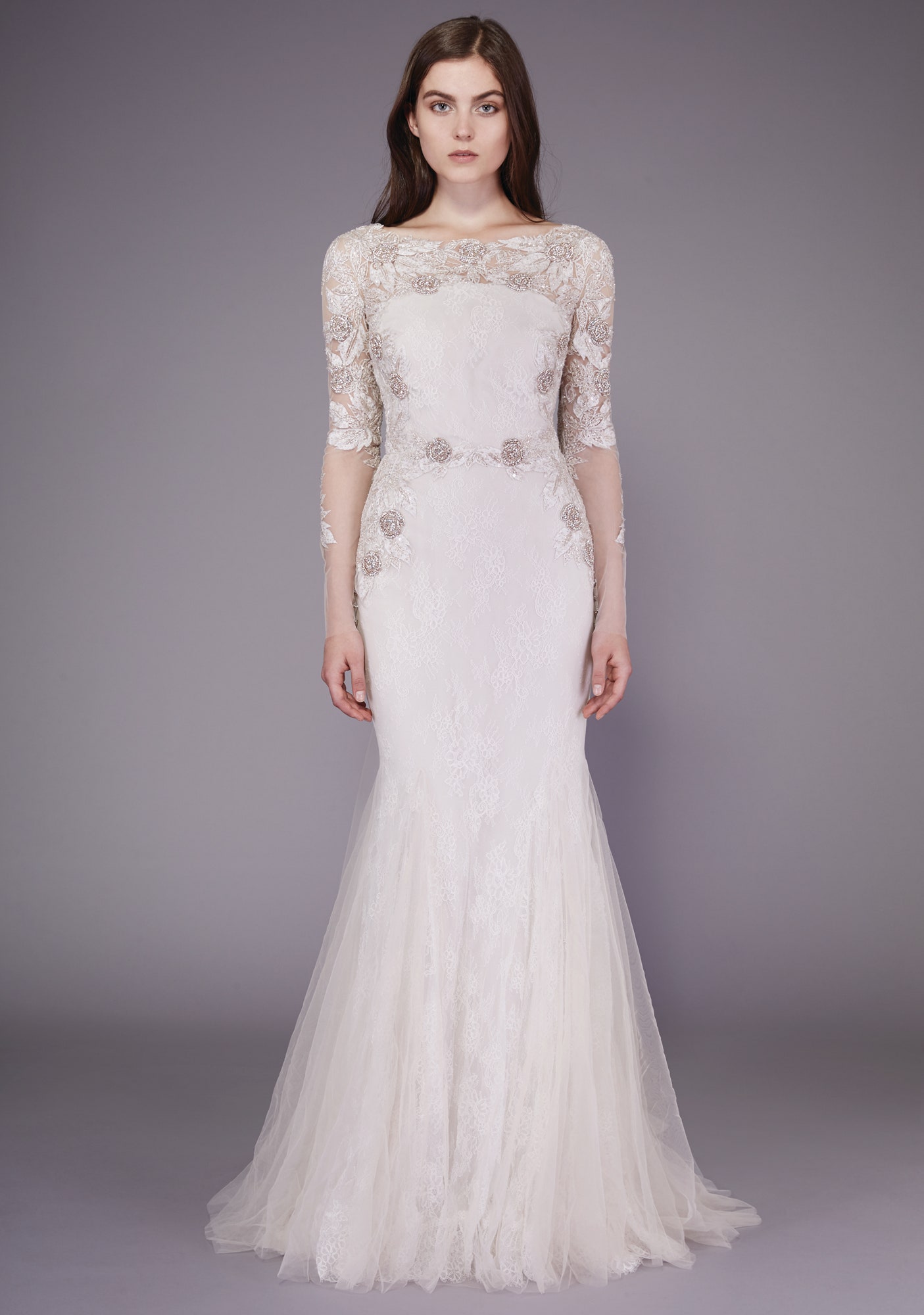 white lace long-sleeve gown