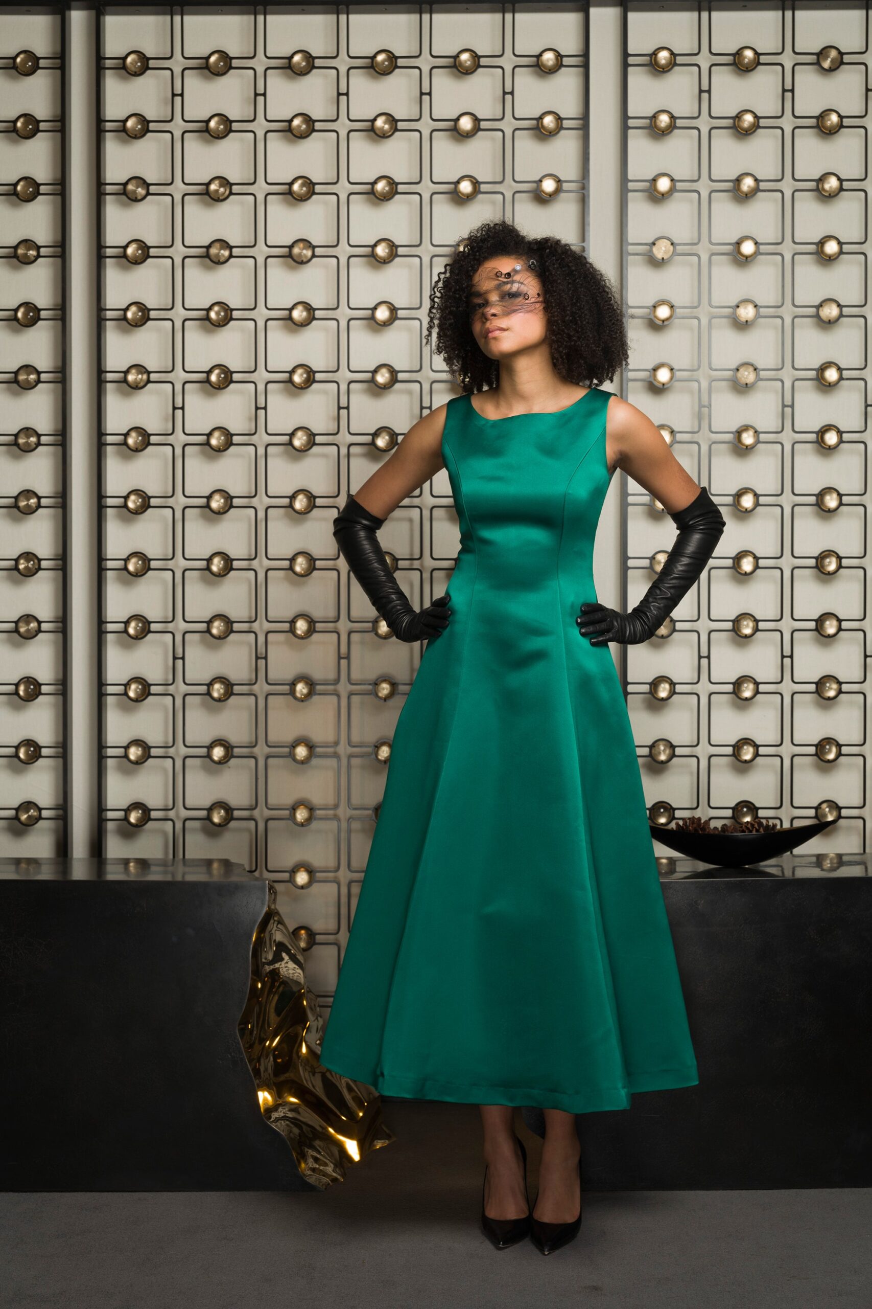 green silk sleeveless high-neck fitted a-line shiny dress
