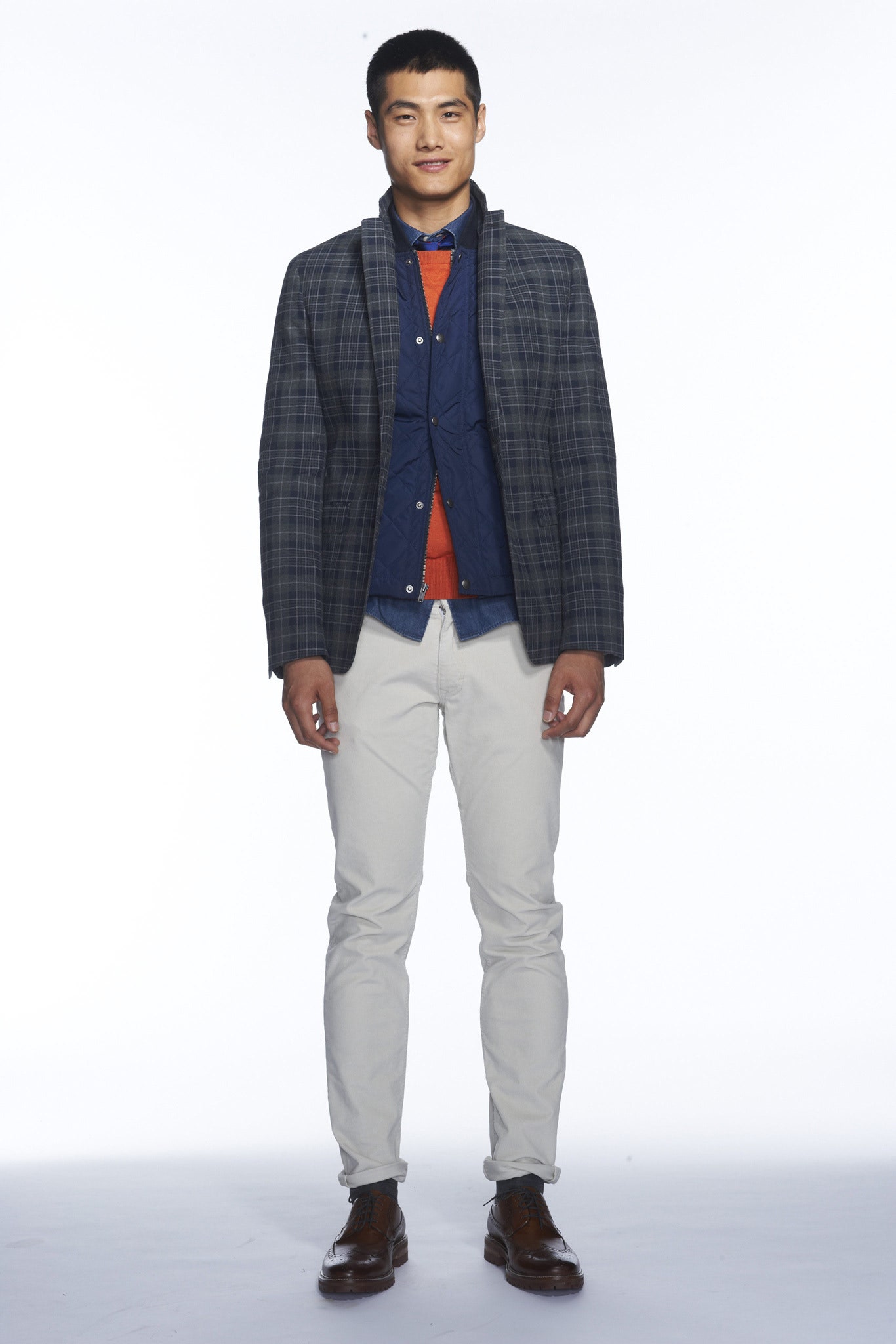 gray checked blazer with orange t-shirt