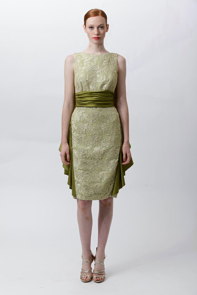 green beige embroidered midi dress