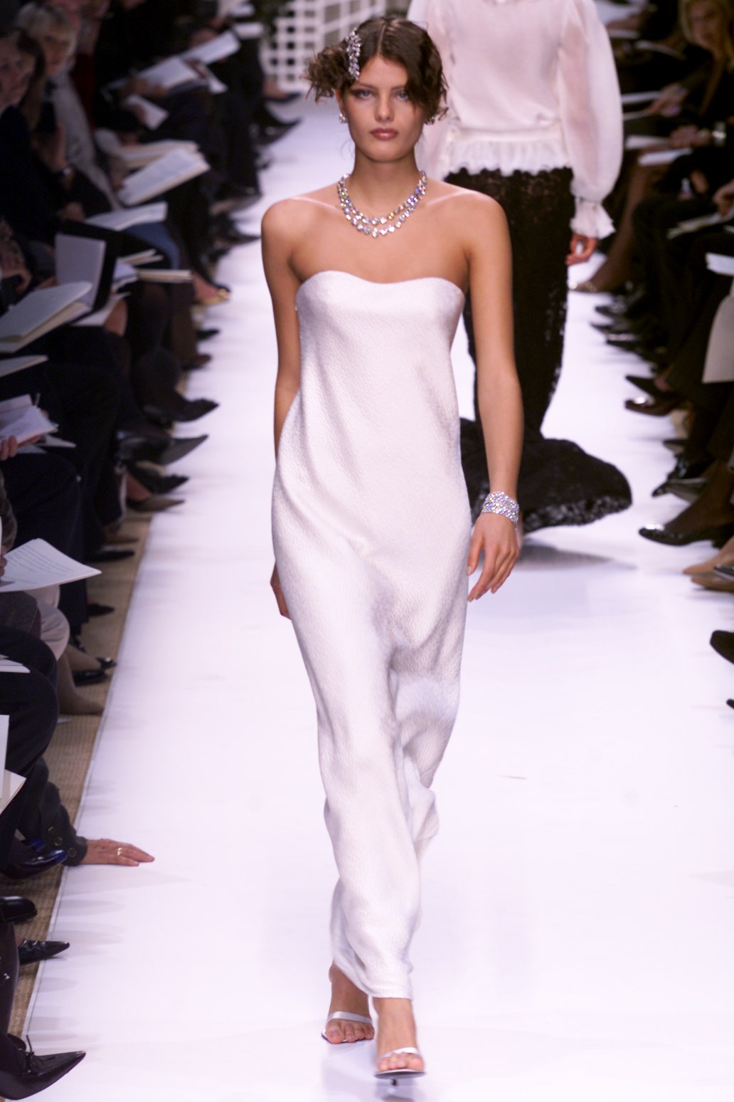 white silk strapless gown