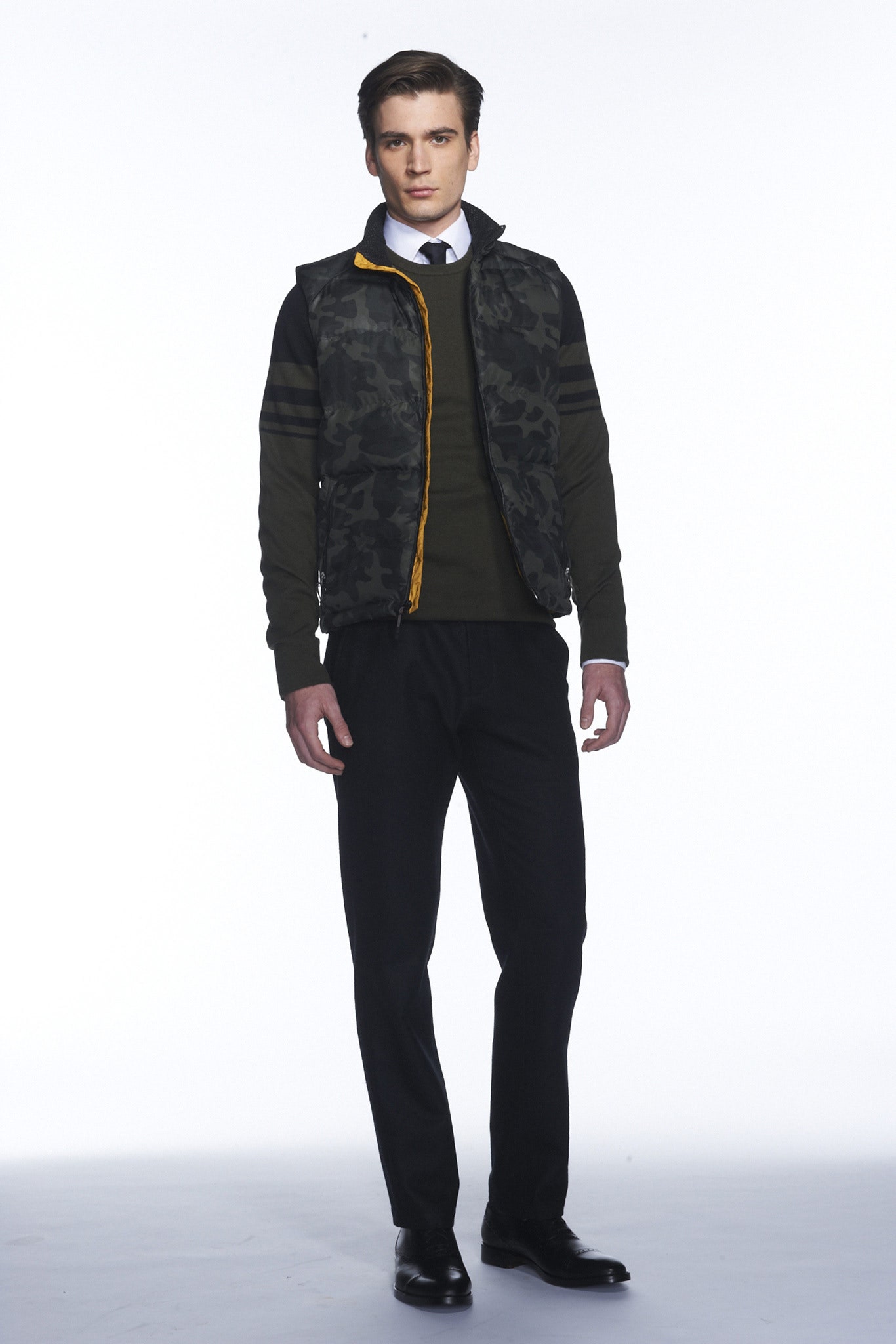 black green fitted jacket sweater pants