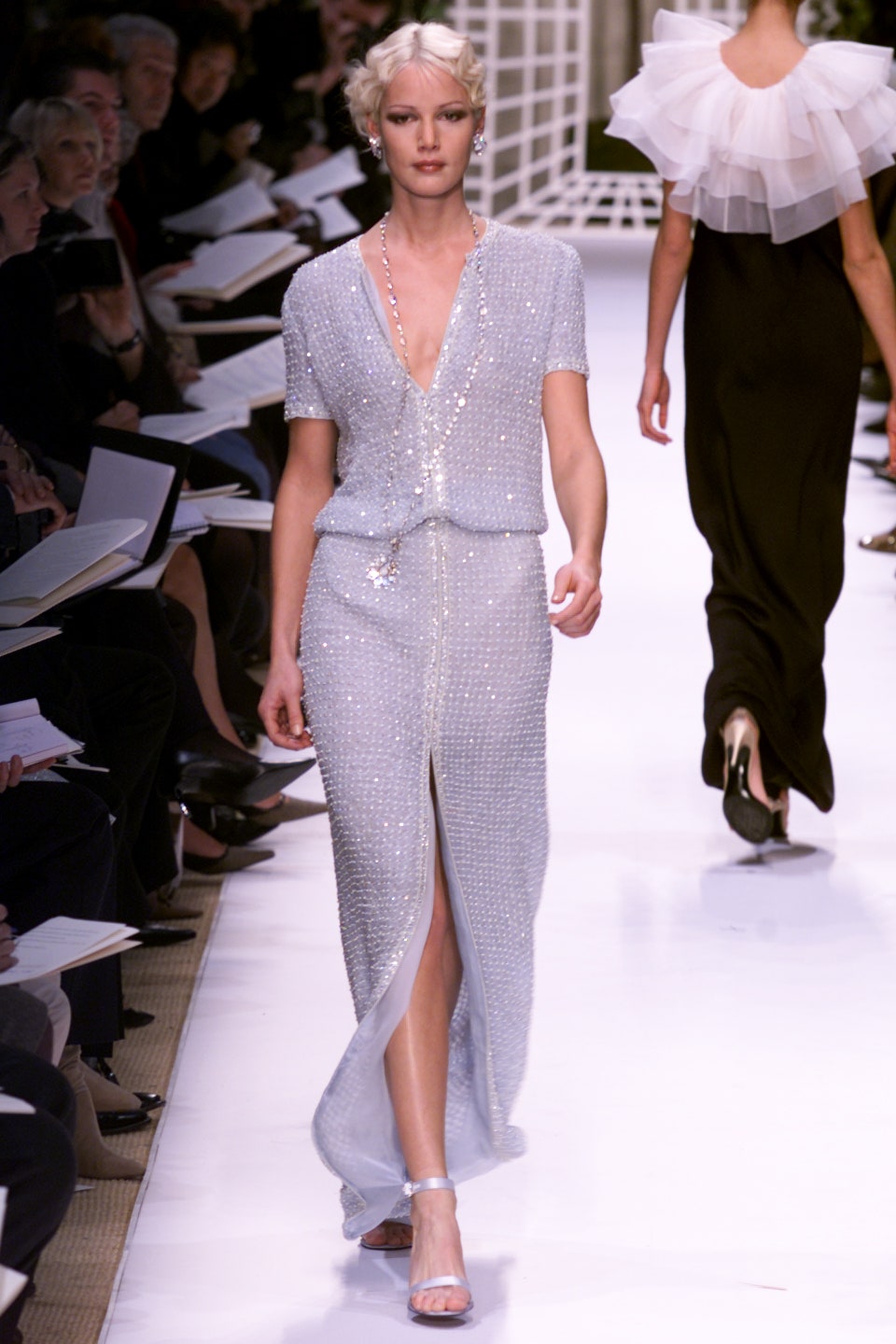 silver sequined sleeveless gown