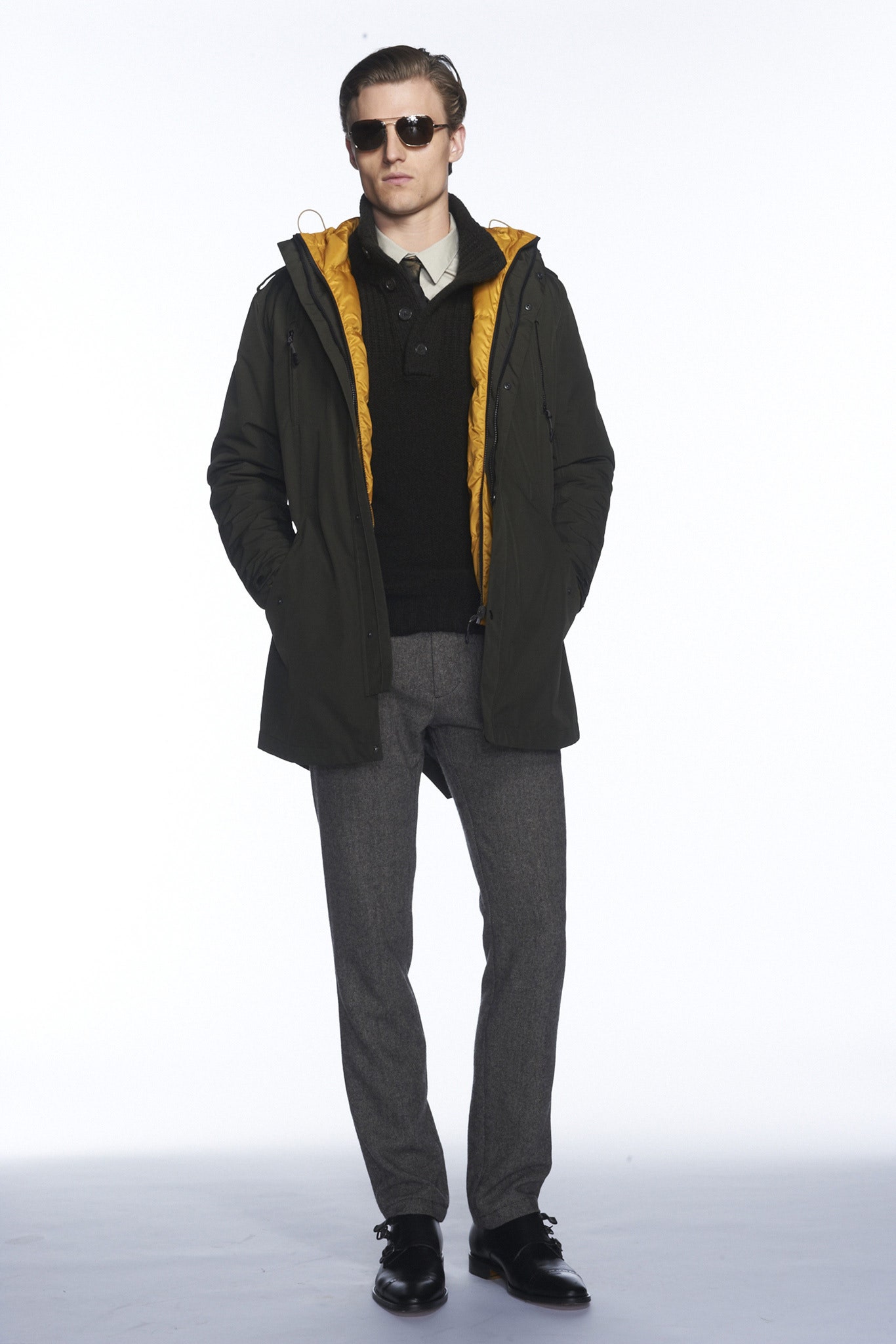 green parka with black sweater