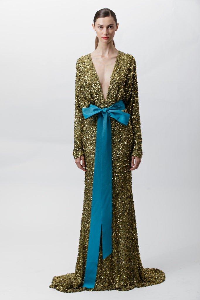 gold sequin long-sleeve gown