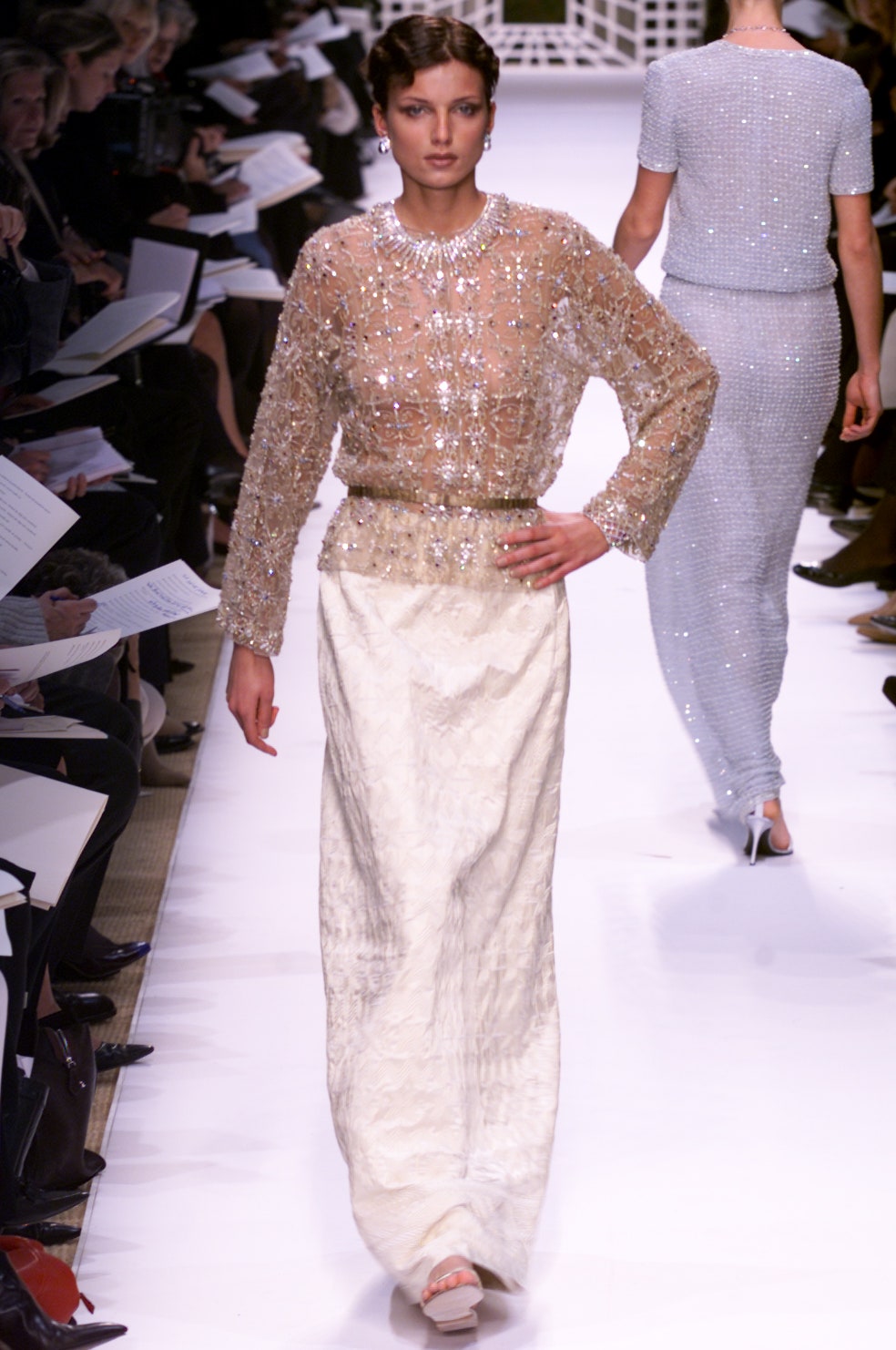 beige silk long-sleeve high-neck fitted beaded shiny top