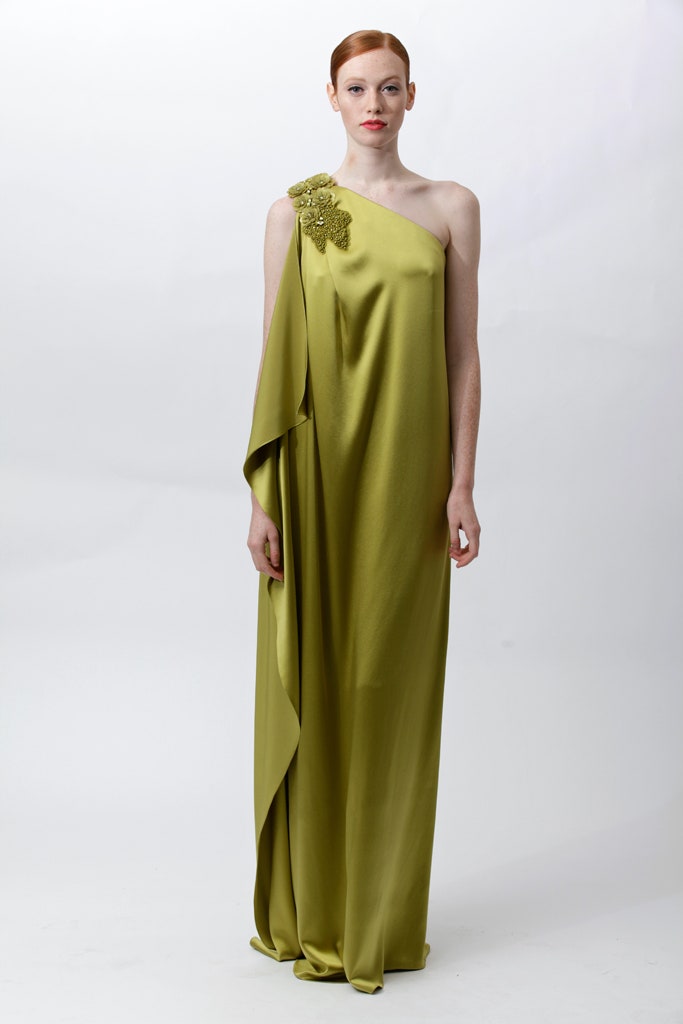 fitted green silk gown