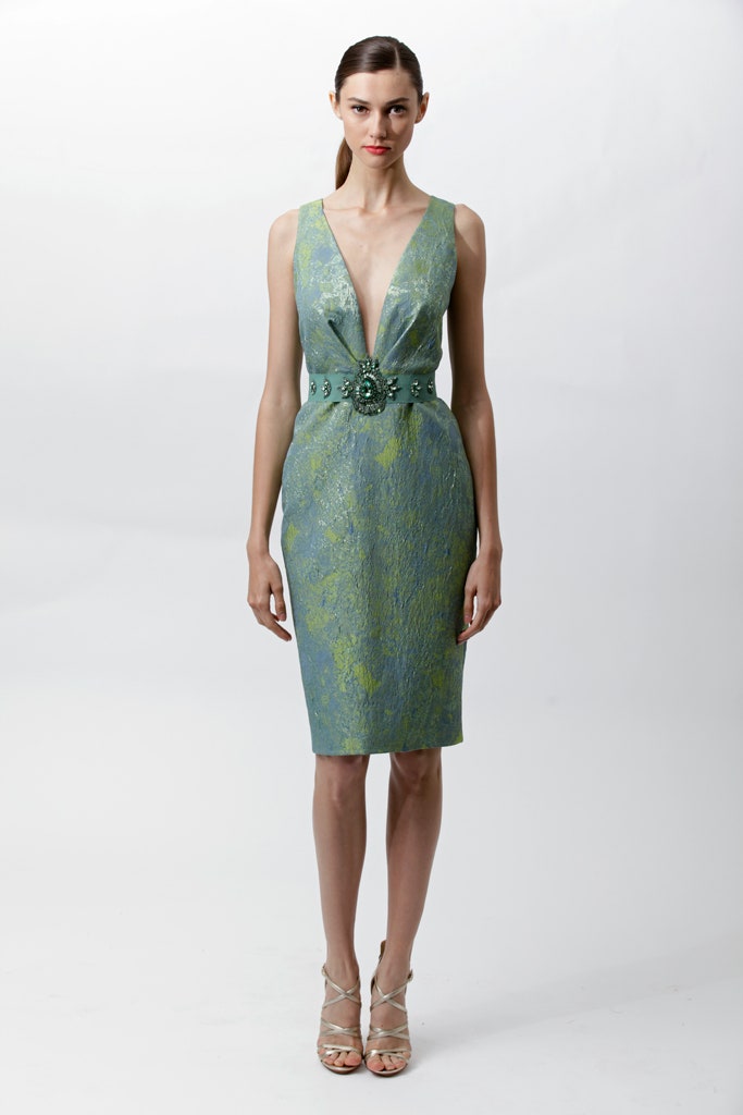 fitted green and blue silk dress