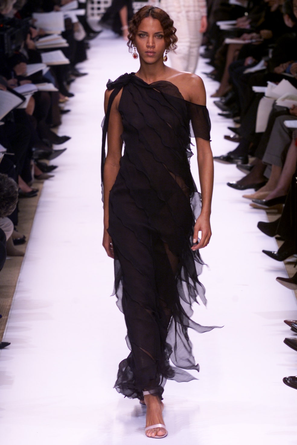 black chiffon off-shoulder gown