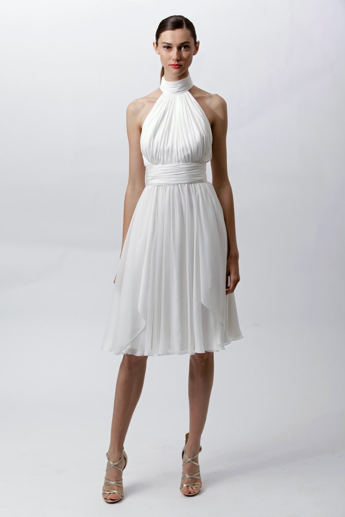 white pleated halterneck dress