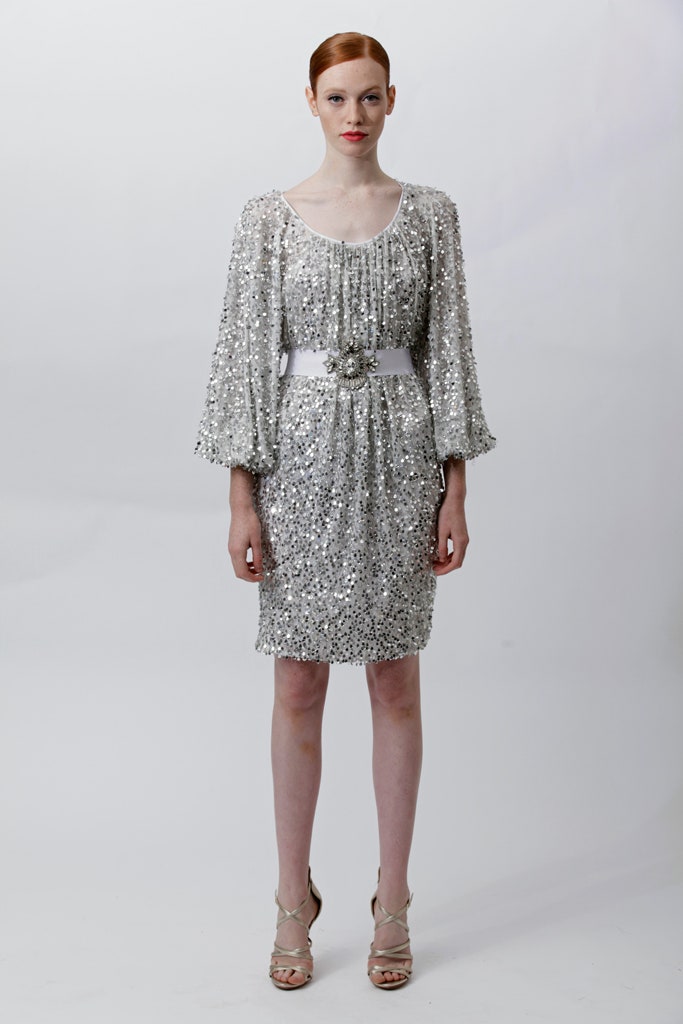 gray sequin long-sleeve scoop-neck fitted embellished shiny dress