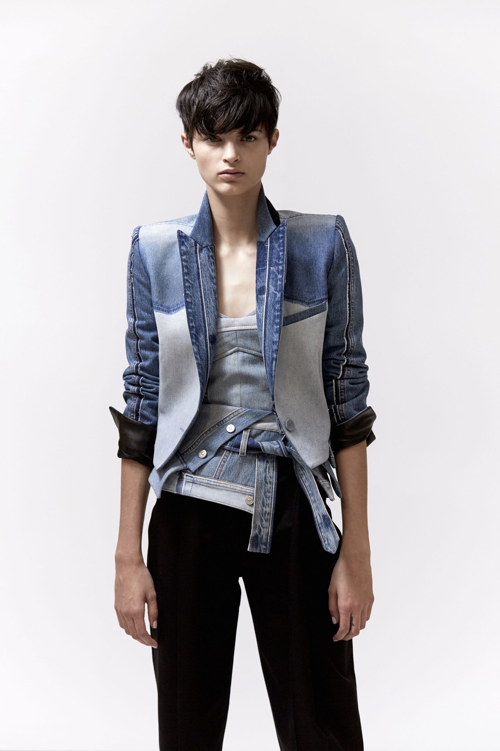 blue denim blazer gray tank-top black pants